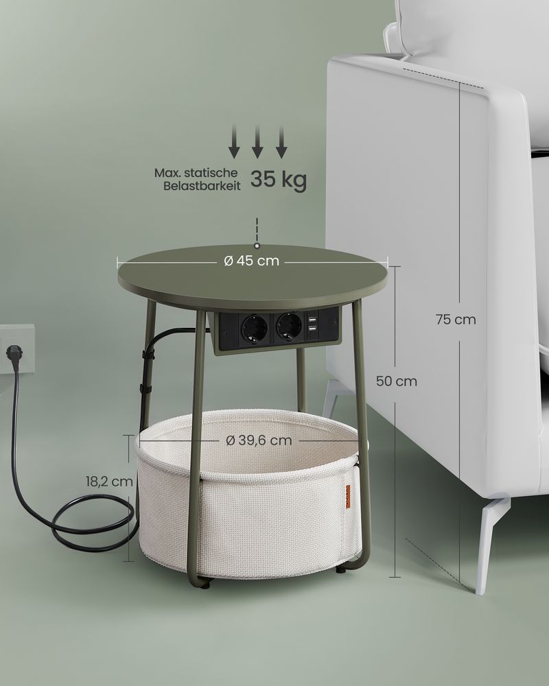 Side table - bedside table - with charging station and socket - with basket - green