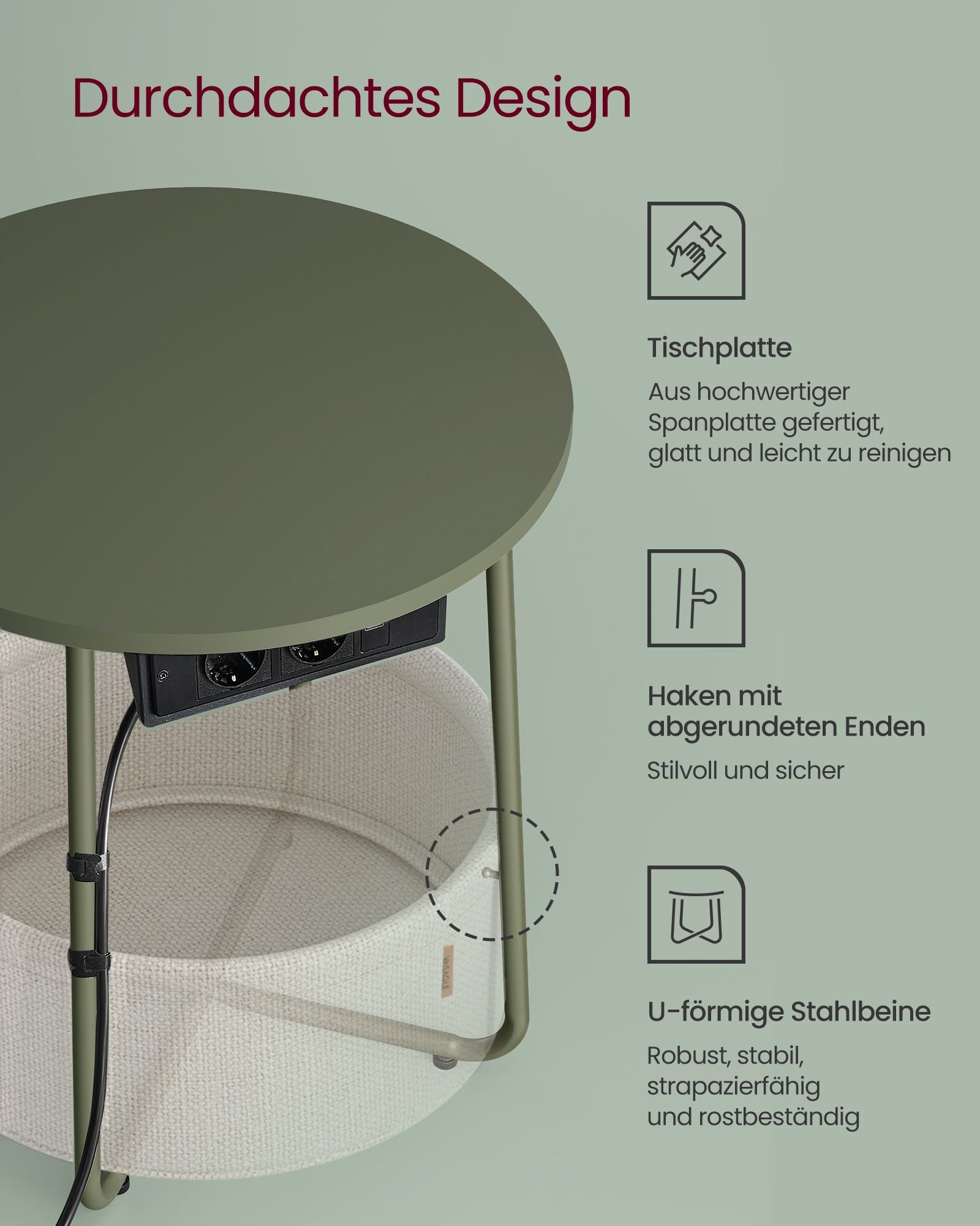 Side table with charging station and socket in forest green and cream white
