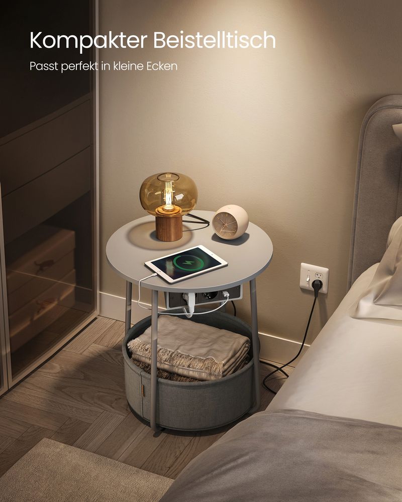 Side table - bedside table - with charging station and socket - with basket - Gray