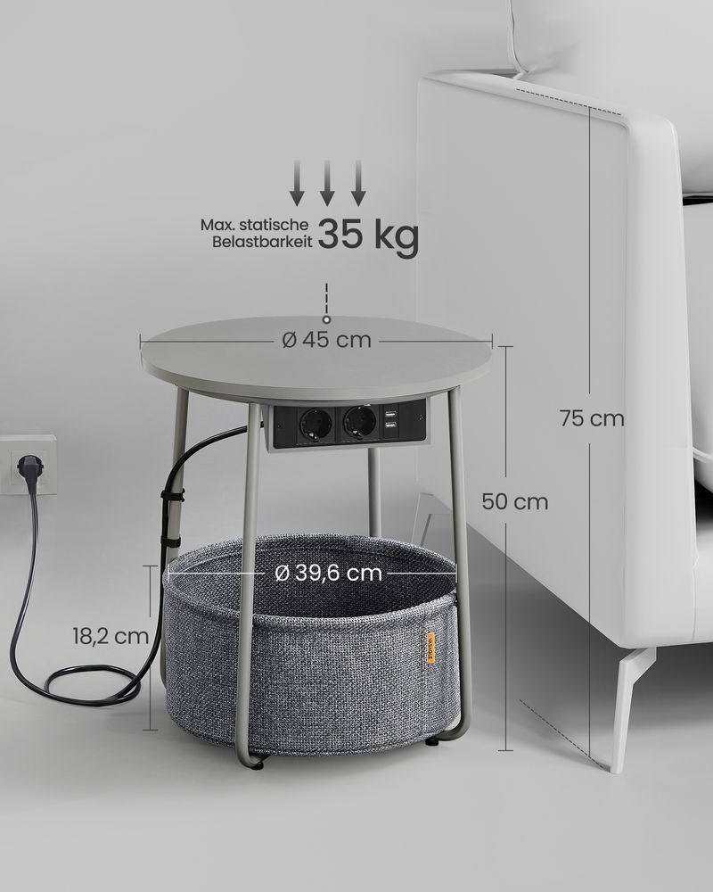 Side table - bedside table - with charging station and socket - with basket - Gray