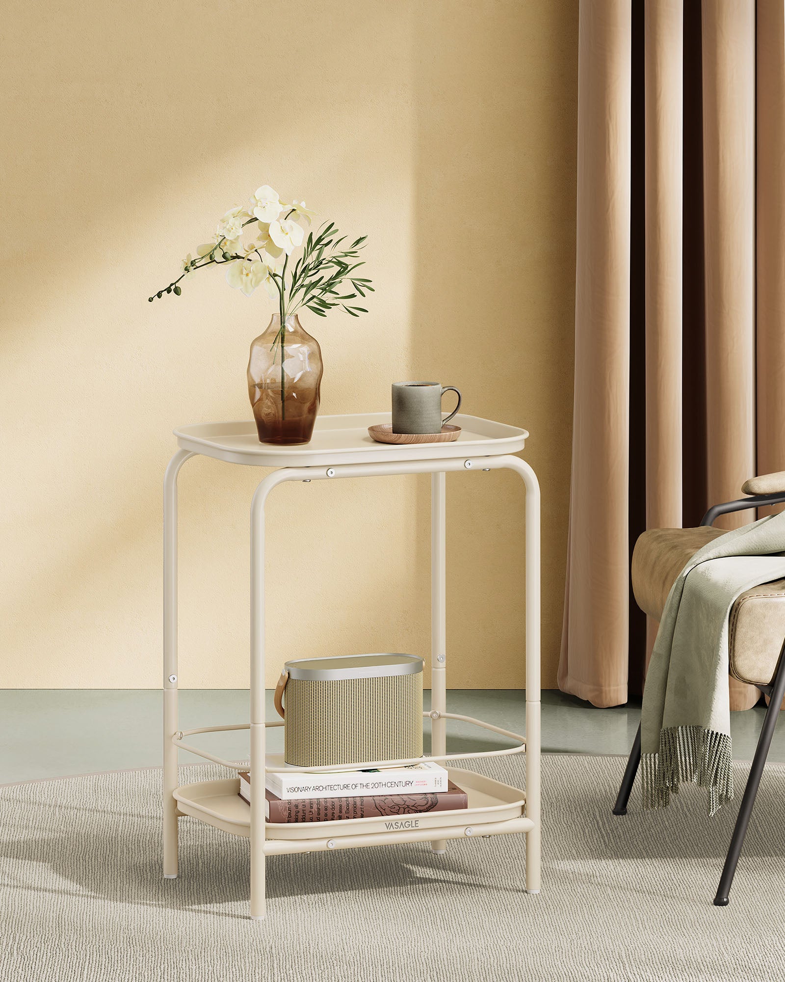 Side table with 2 levels of modern cream white