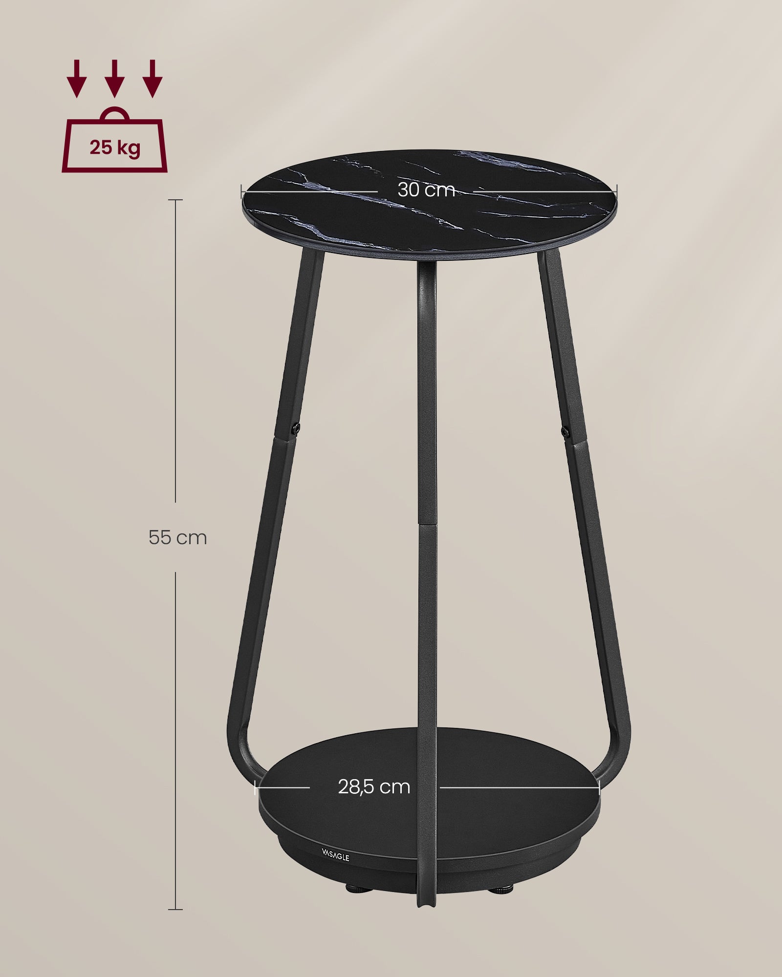 Side table with 2 levels and black marble glass top