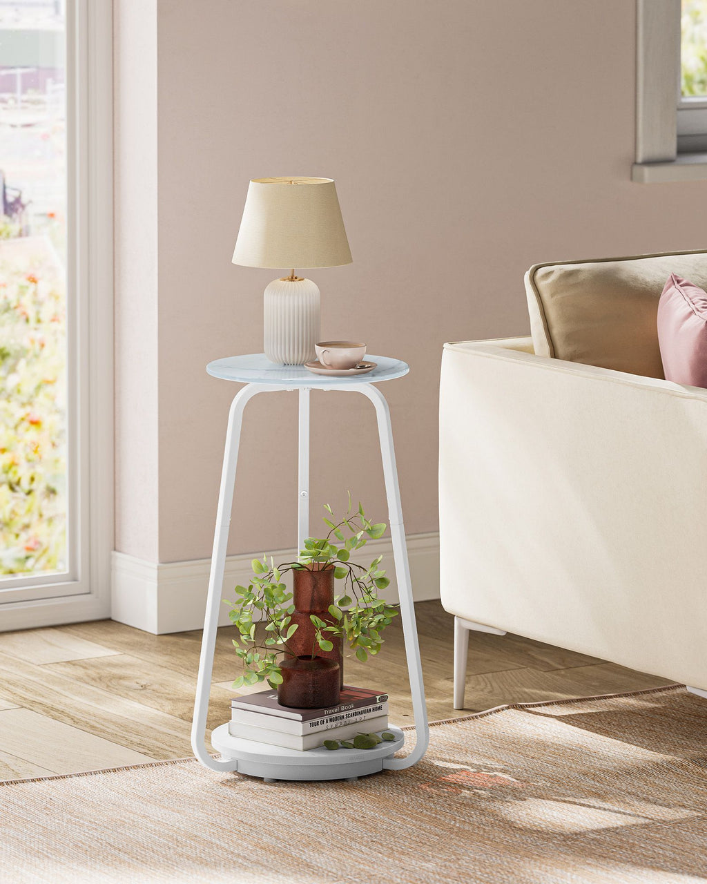 Round side table with 2 levels and glass top and board