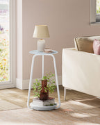 Round side table with 2 levels and glass top and board