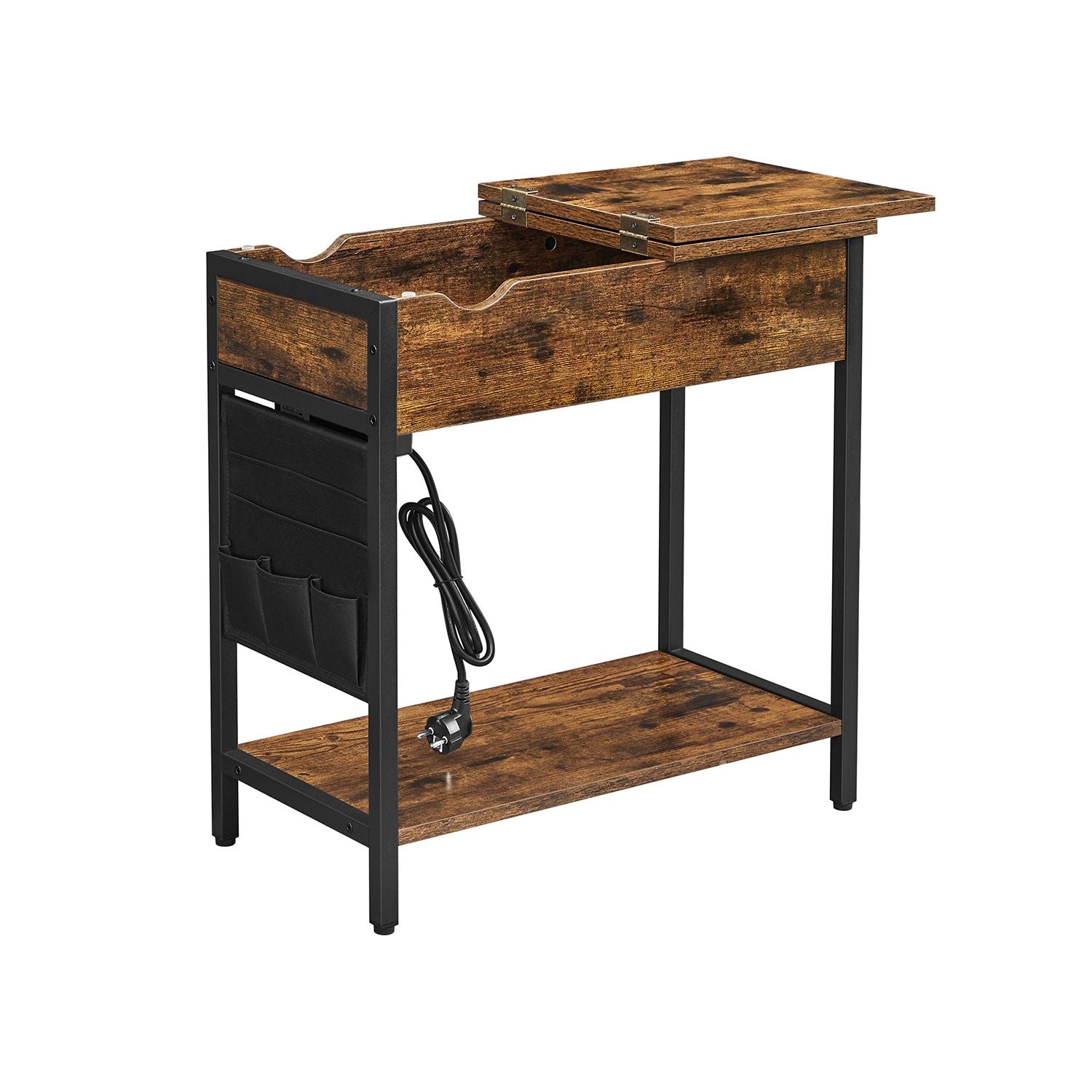 Side table - bedside table - With folding table top and sockets - Vintage Brown / Black