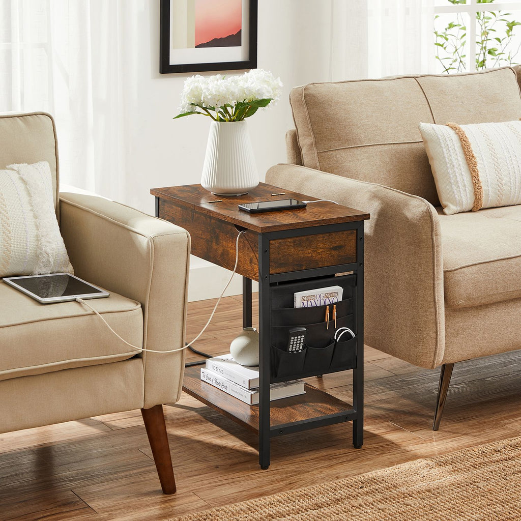 Side table - bedside table - With folding table top and sockets - Vintage Brown / Black