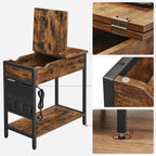 Side table - bedside table - With folding table top and sockets - Vintage Brown / Black