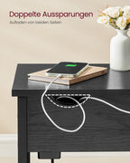 Side table with socket and USB ports-Black with wood grain