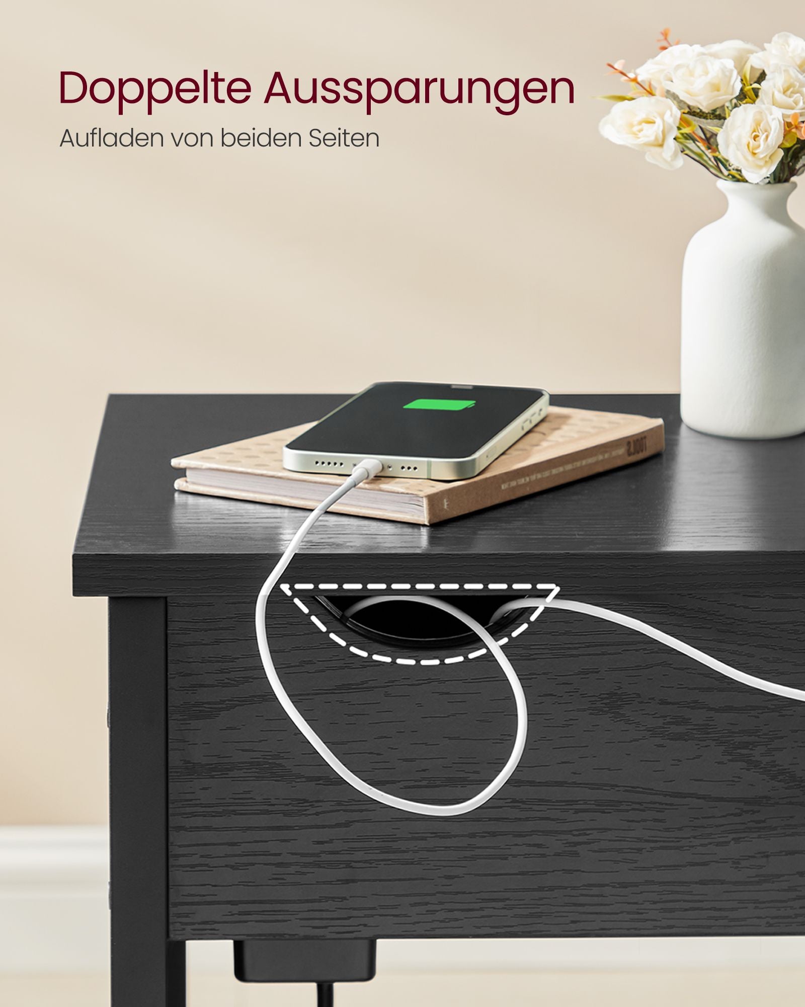 Side table with socket and USB ports-Black with wood grain
