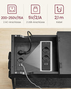 Side table with socket and USB ports-Black with wood grain