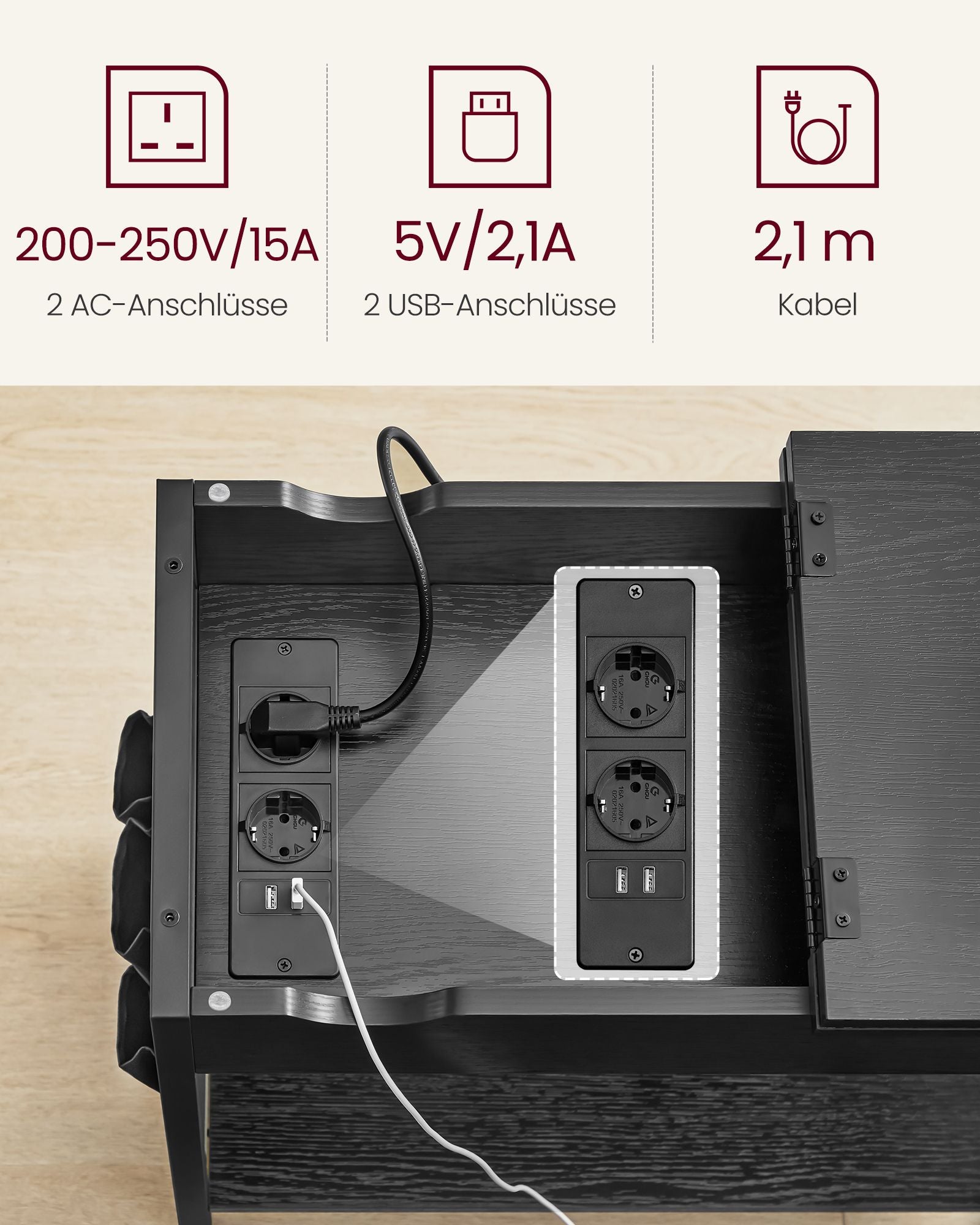 Side table with socket and USB ports-Black with wood grain