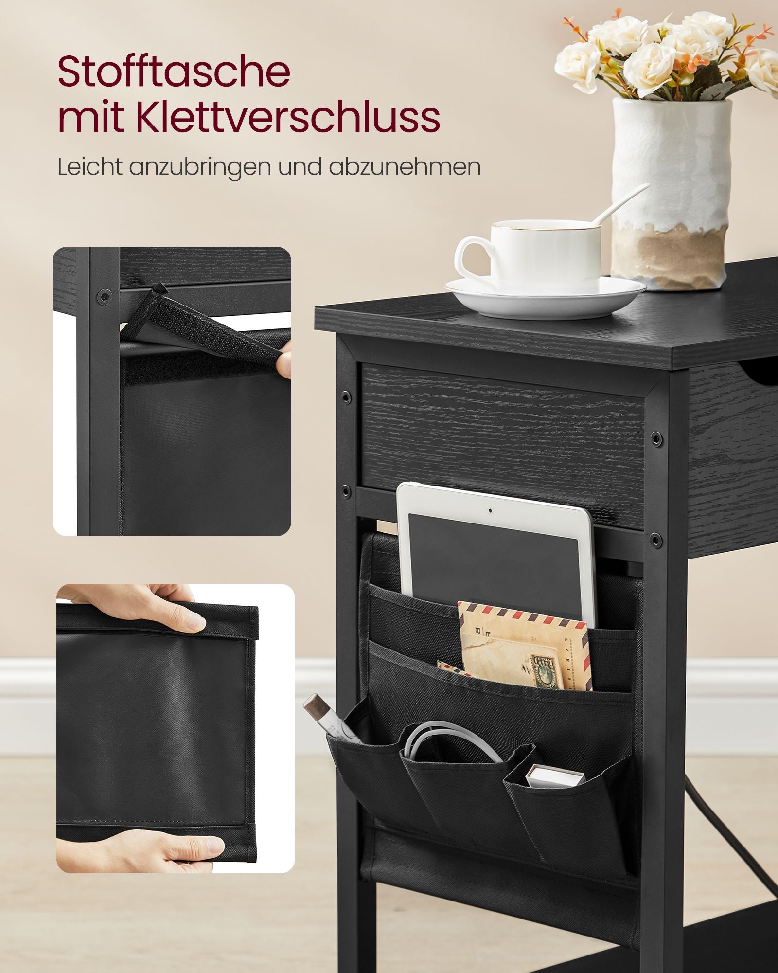 Side table with socket and USB ports-Black with wood grain