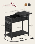 Side table with socket and USB ports-Black with wood grain