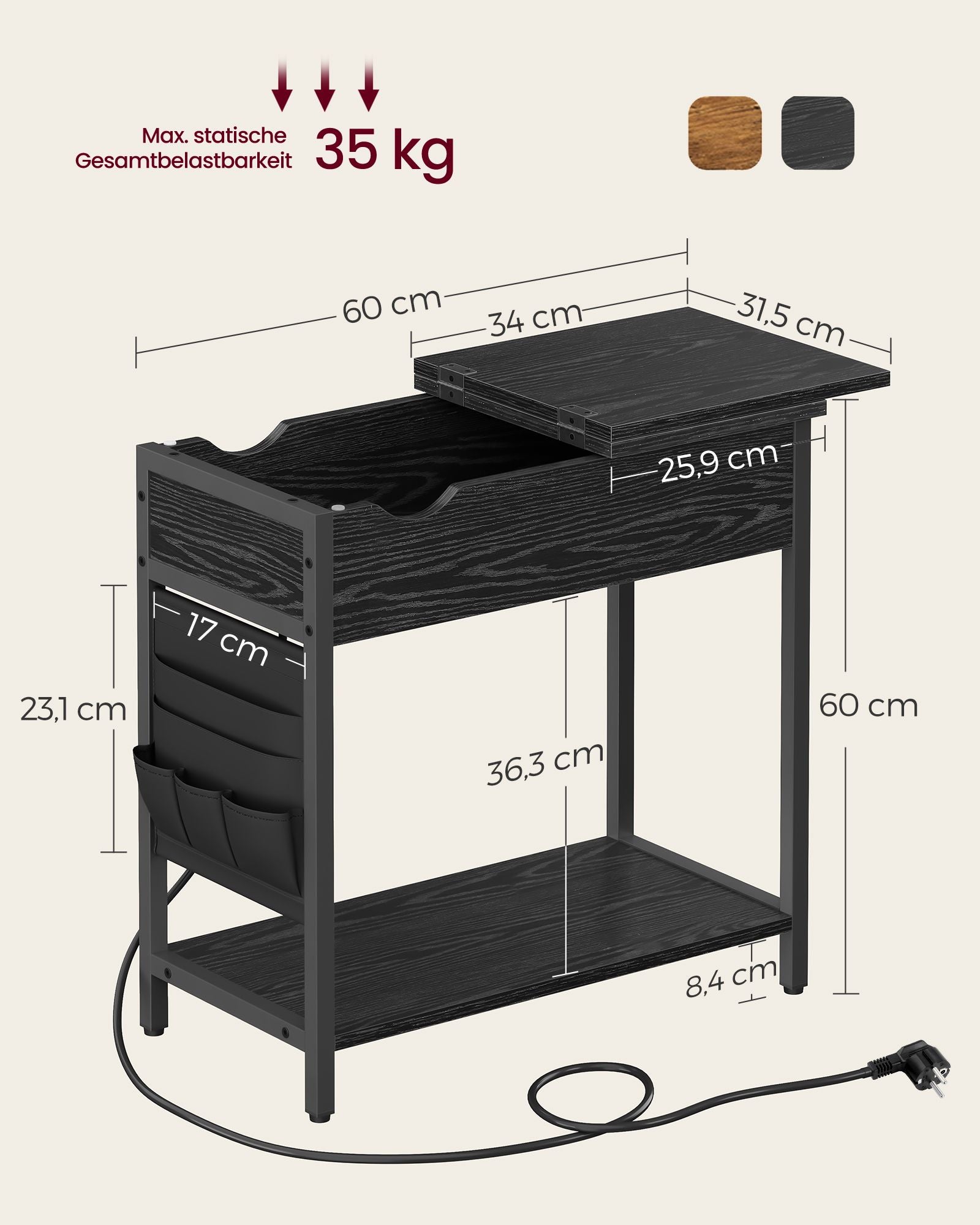 Side table with socket and USB ports-Black with wood grain