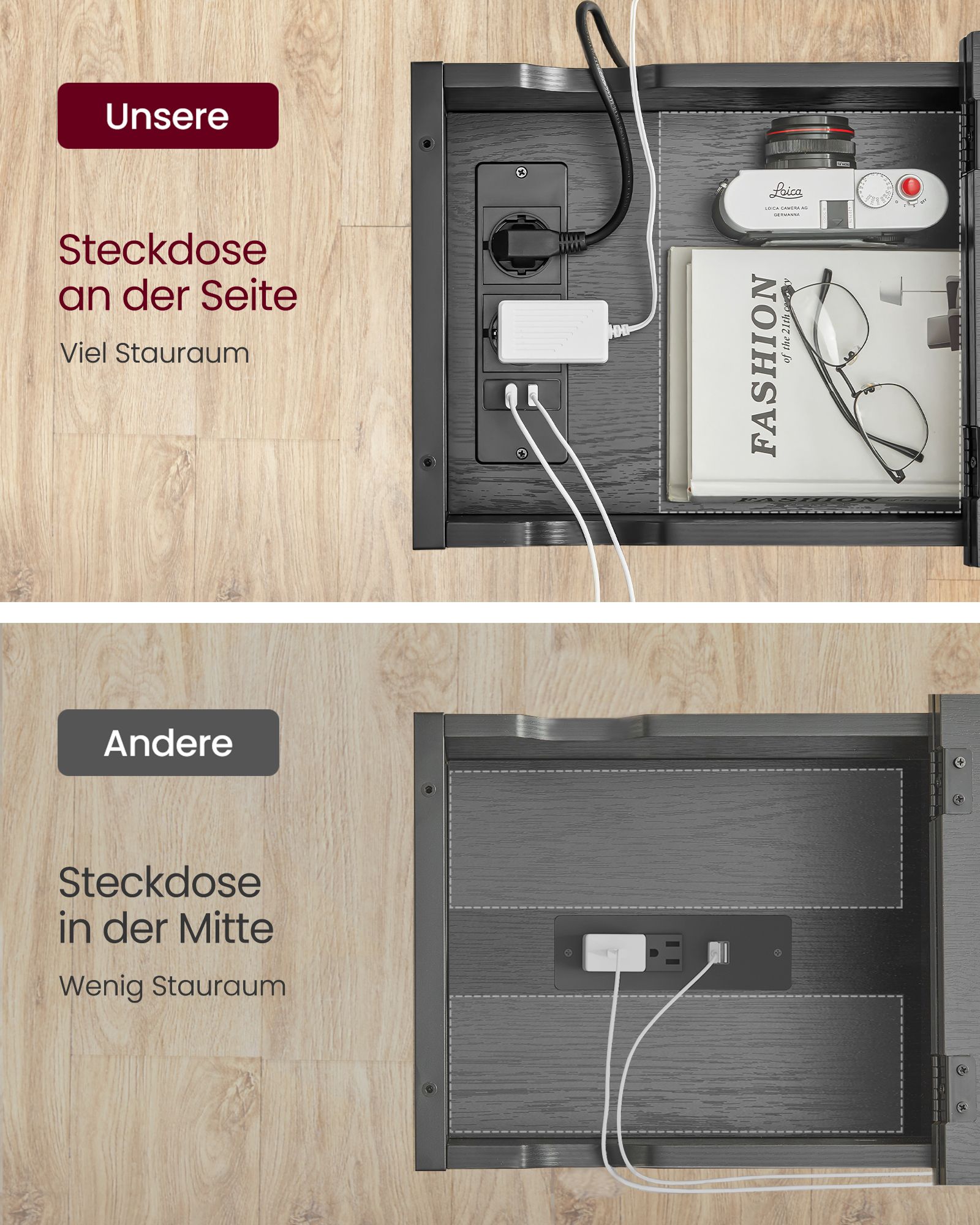 Side table with socket and USB ports-Black with wood grain