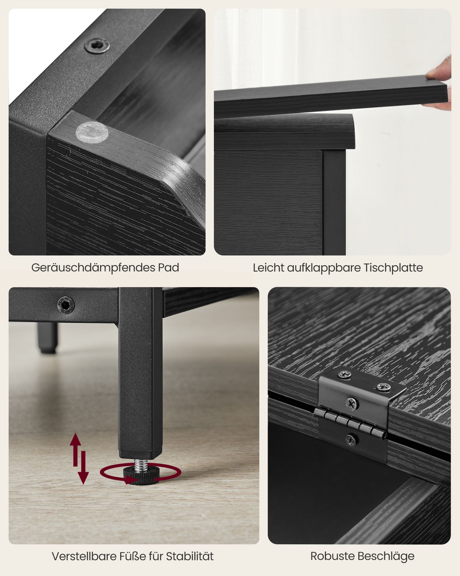 Side table with socket and USB ports-Black with wood grain