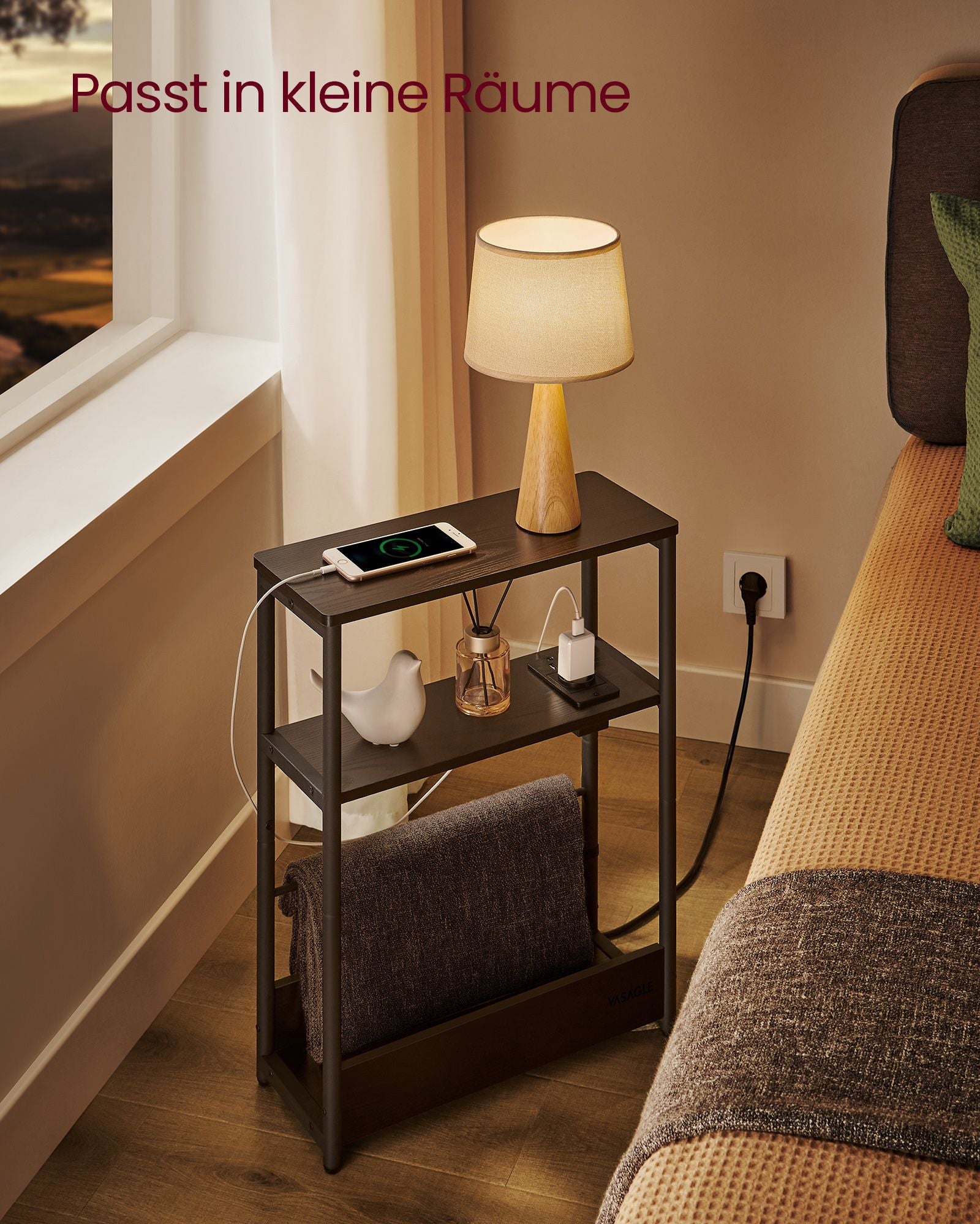 Side table - with 3 shelves - narrow - ebony black & ink -black