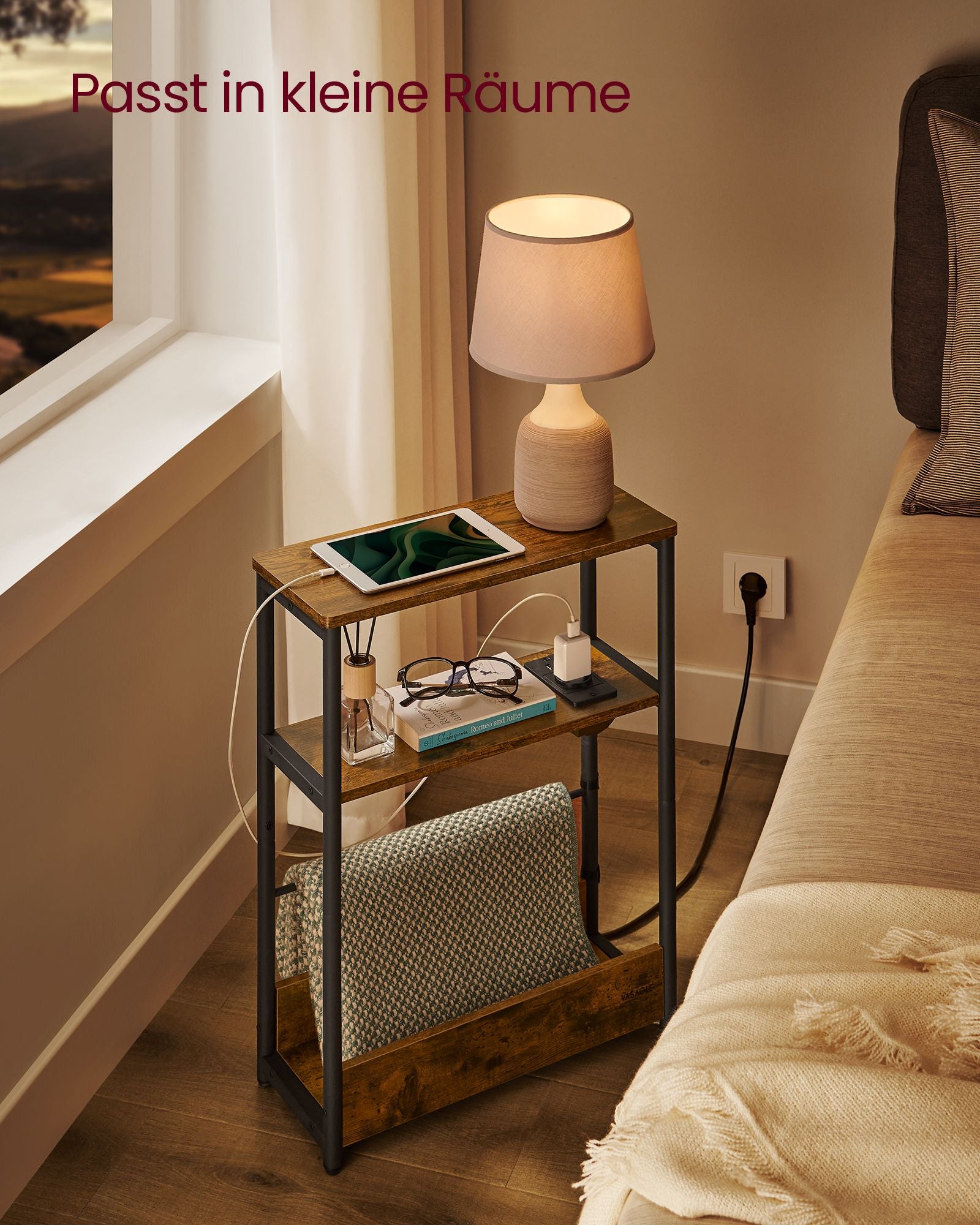 Side table-with 3 shelves-narrow-vintage brown-ink black