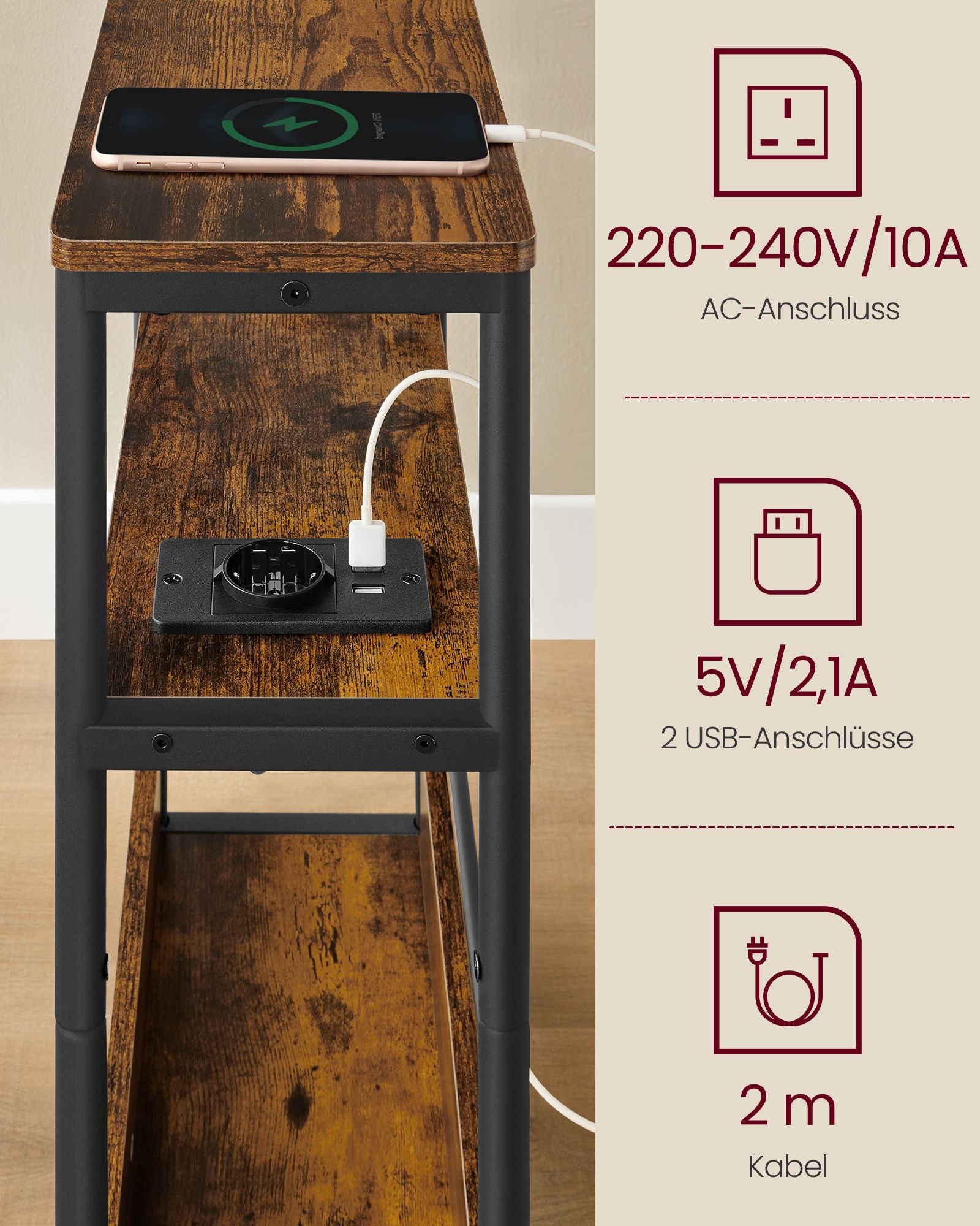 Side table-with 3 shelves-narrow-vintage brown-ink black