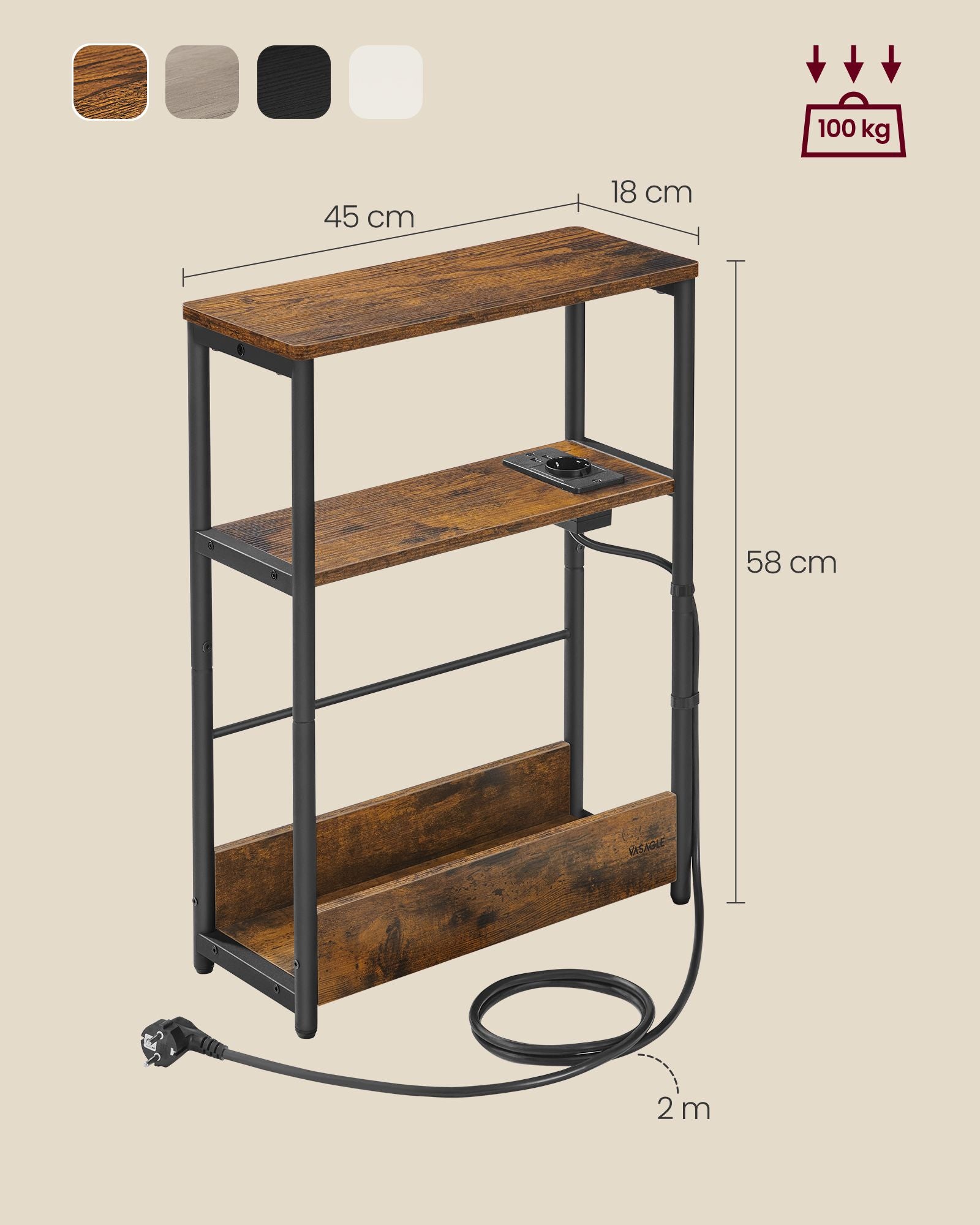 Side table-with 3 shelves-narrow-vintage brown-ink black