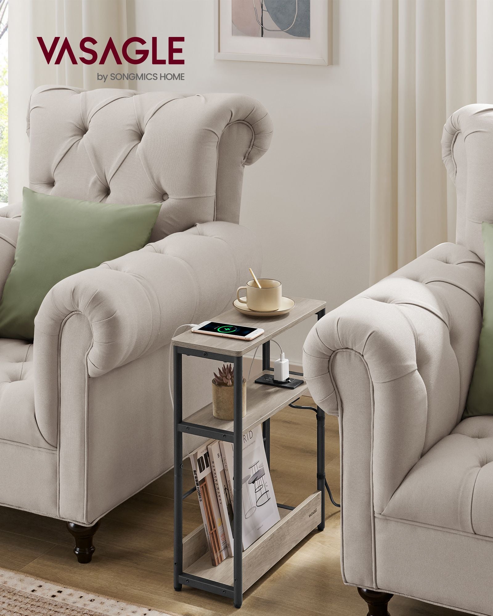 Side table-with 3 shelves-narrow-greige spotted-ink black