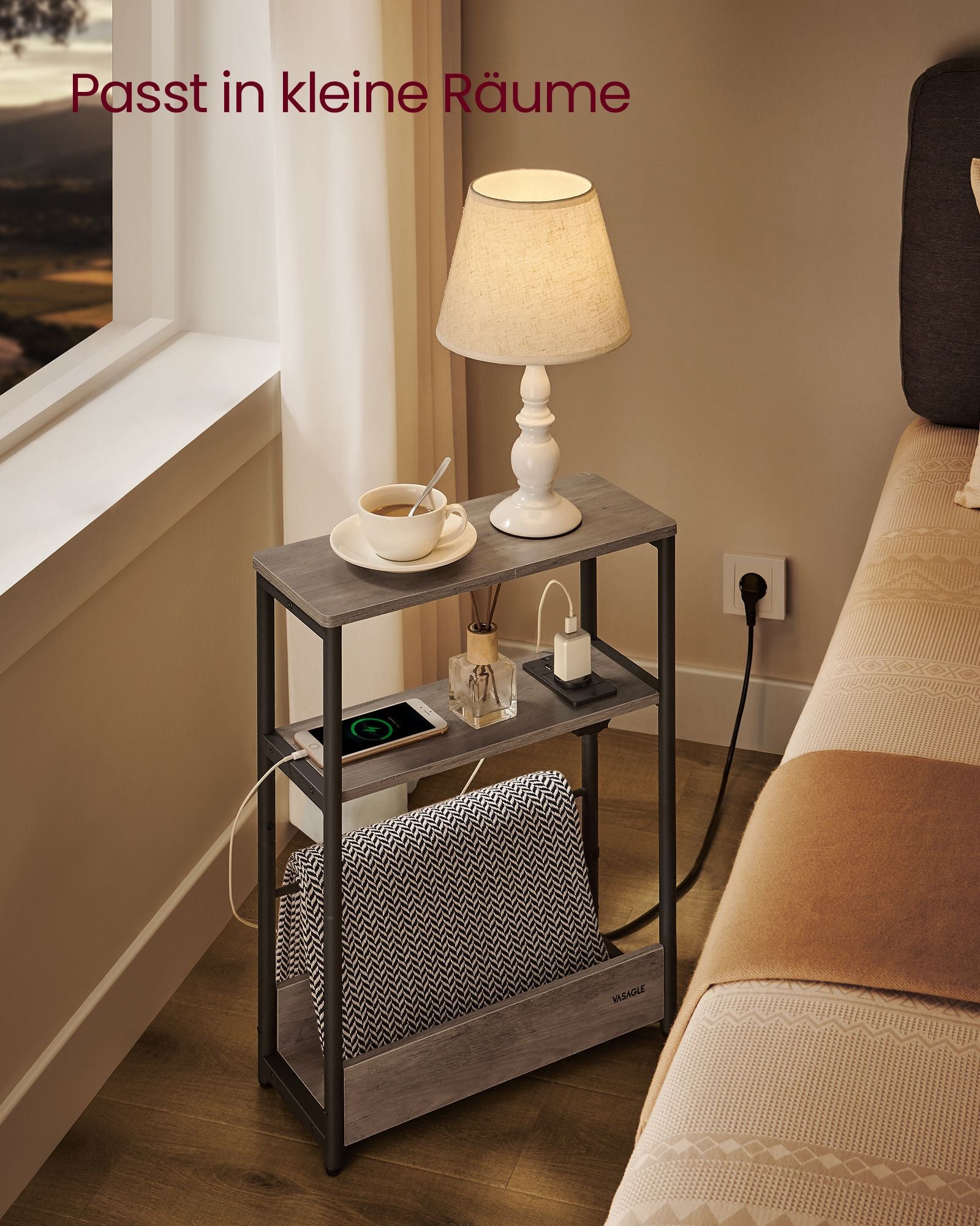Side table-with 3 shelves-narrow-greige spotted-ink black