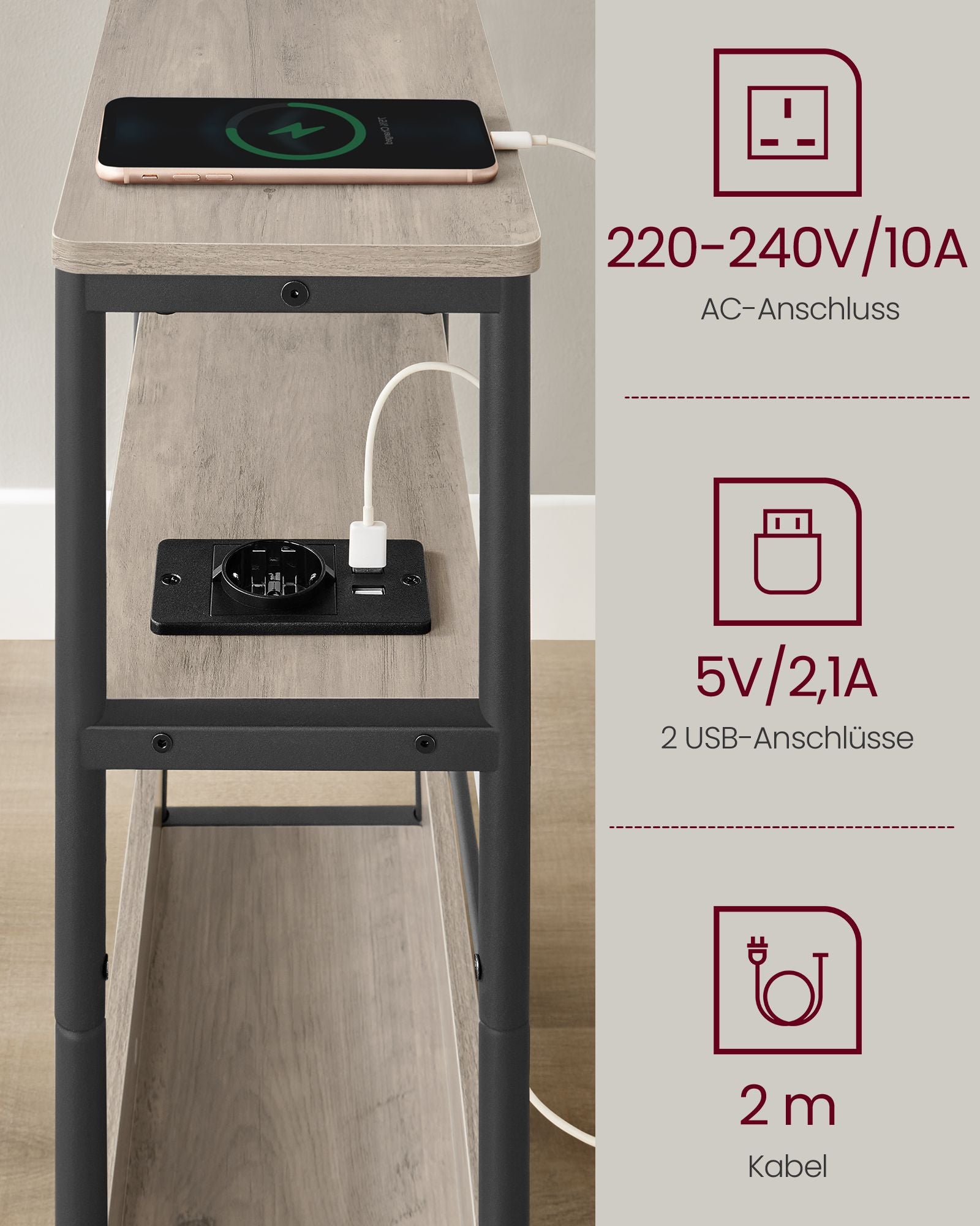 Side table-with 3 shelves-narrow-greige spotted-ink black
