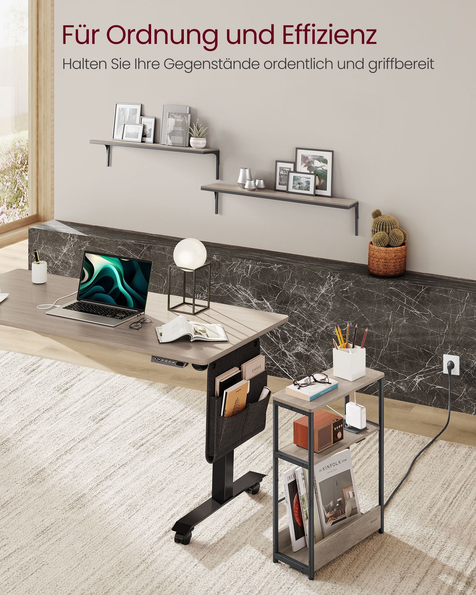 Side table-with 3 shelves-narrow-greige spotted-ink black