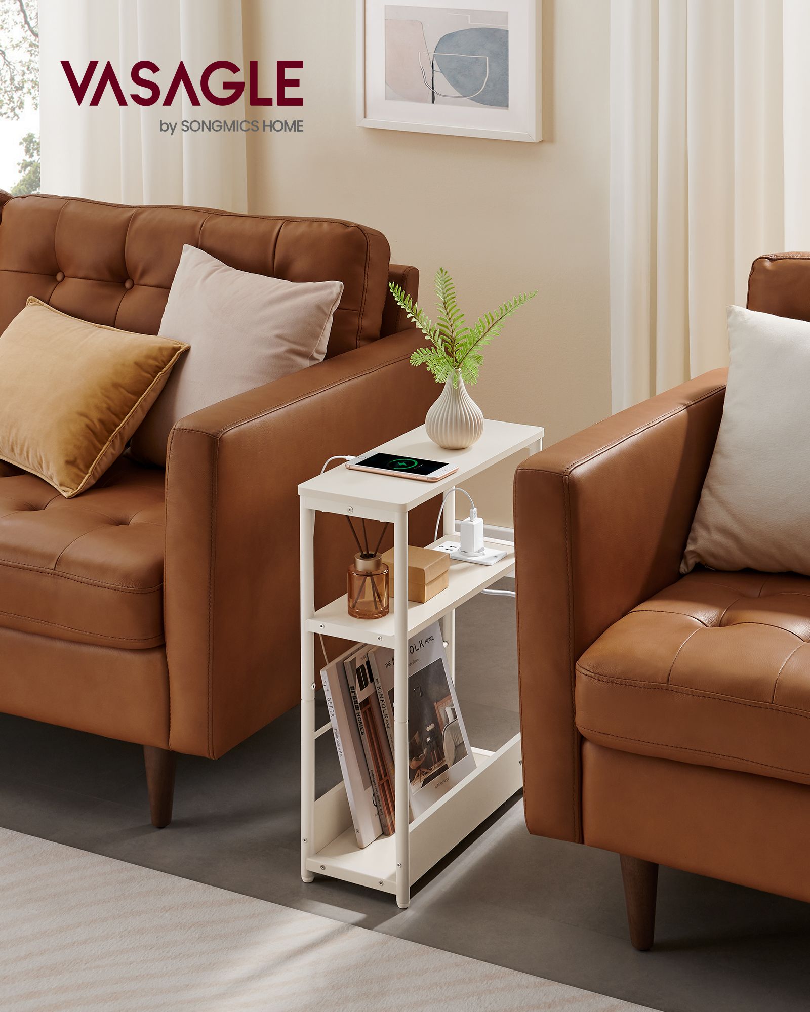 Side table - With 3 shelves - narrow - cream white