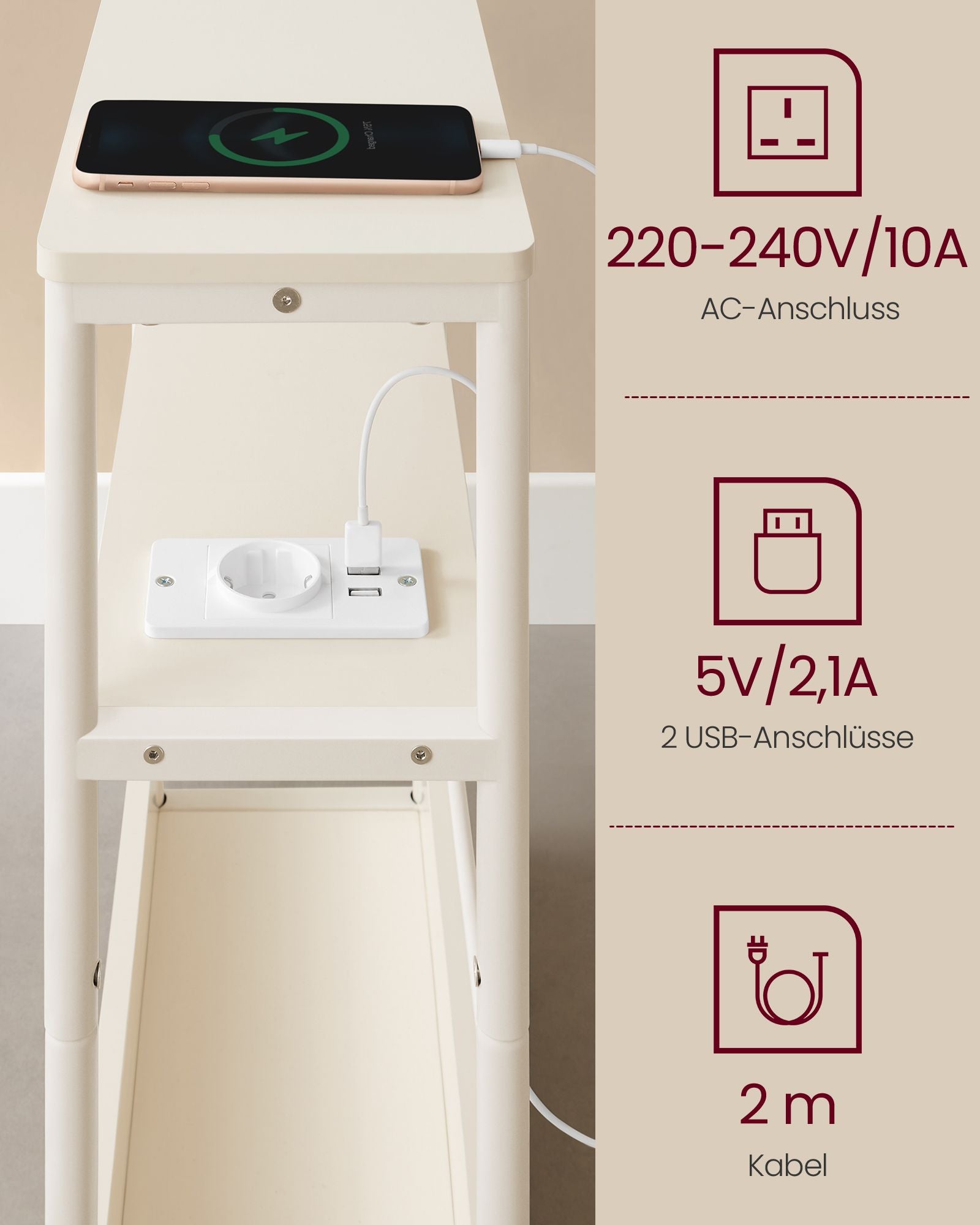 Side table - With 3 shelves - narrow - cream white
