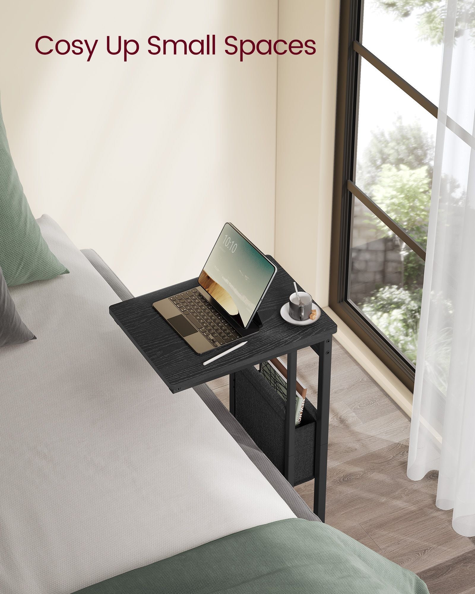 C-shaped side table-with storage bag-ebony black
