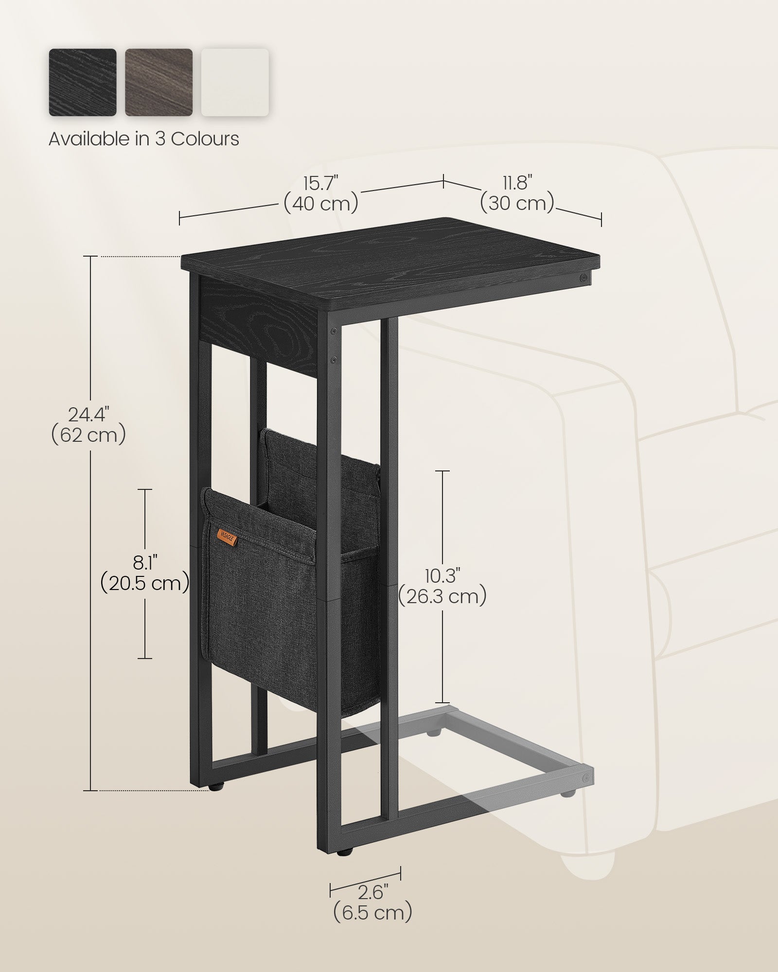 C-shaped side table-with storage bag-ebony black