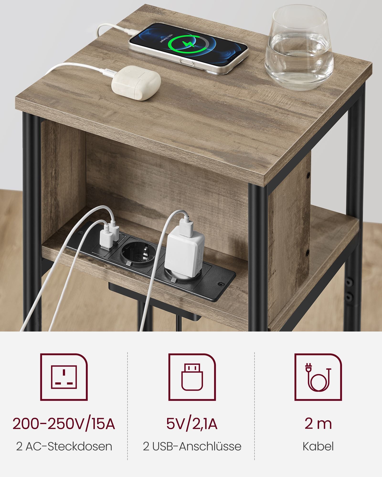 Side table with socket-Hazelnut brown-black