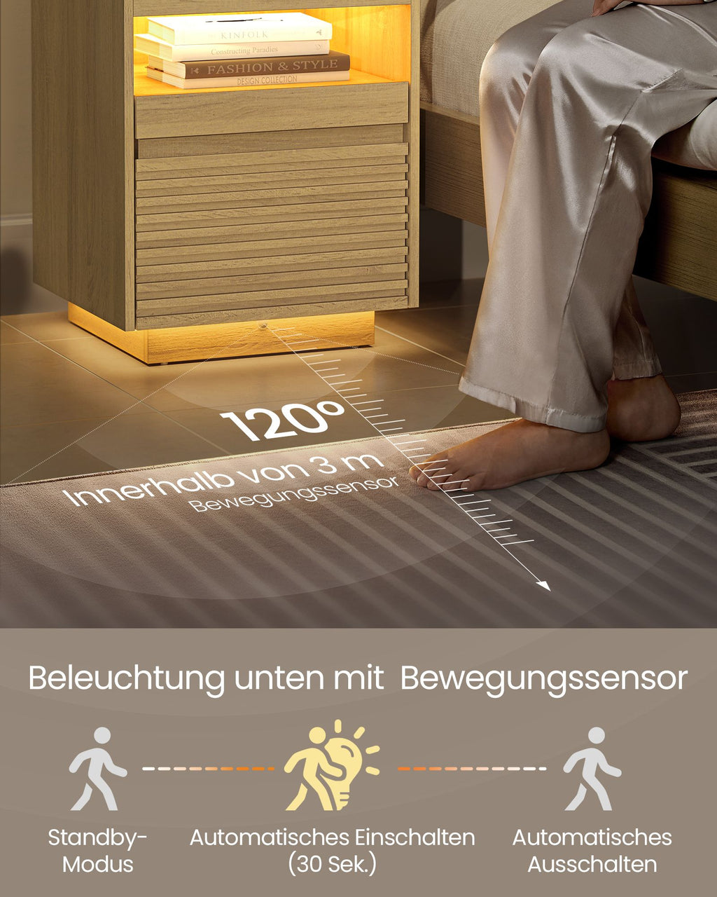 Bedside table-with LED lighting & extendable board