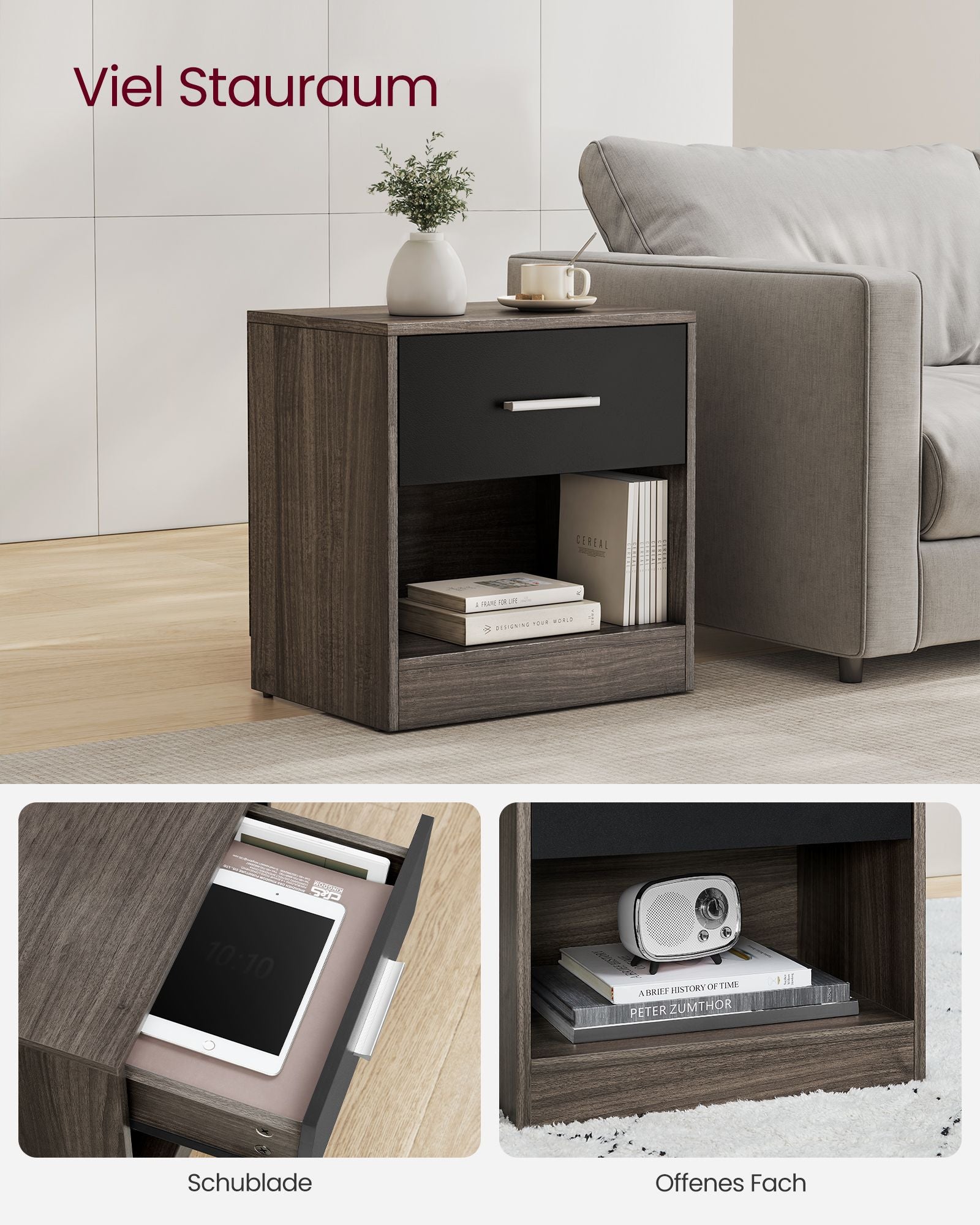 Side table-With drawer-Bedroom-Chestnut-ink Zwart