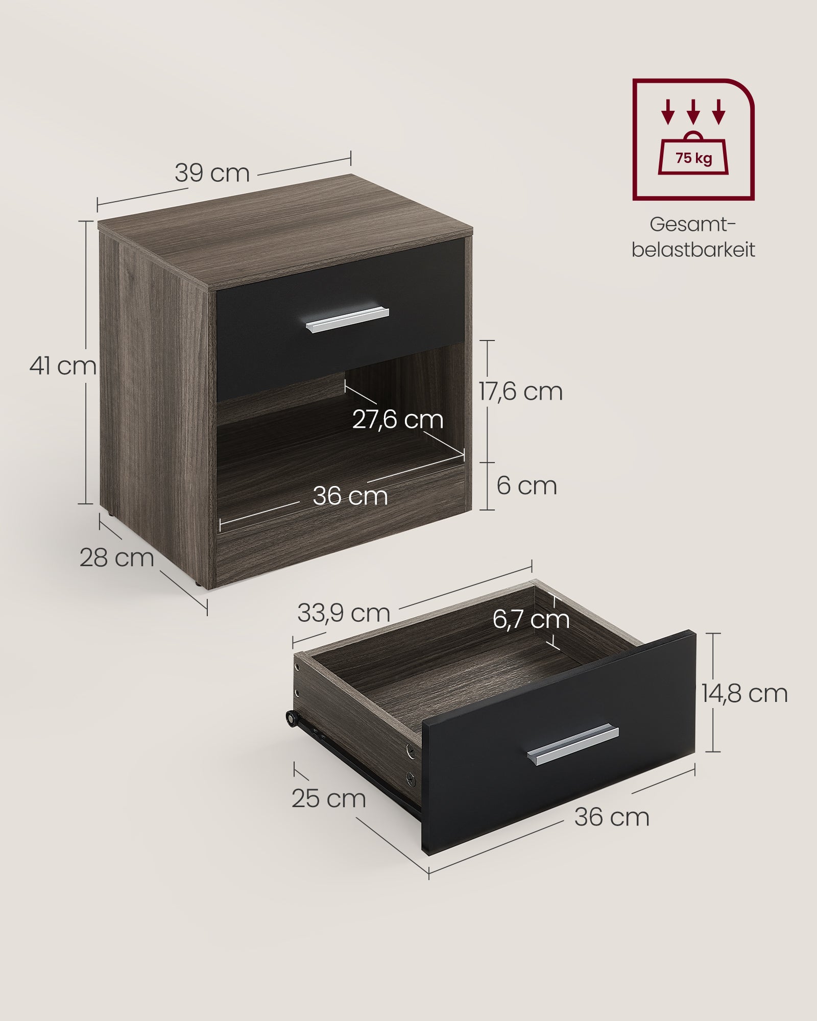 Side table-With drawer-Bedroom-Chestnut-ink Zwart