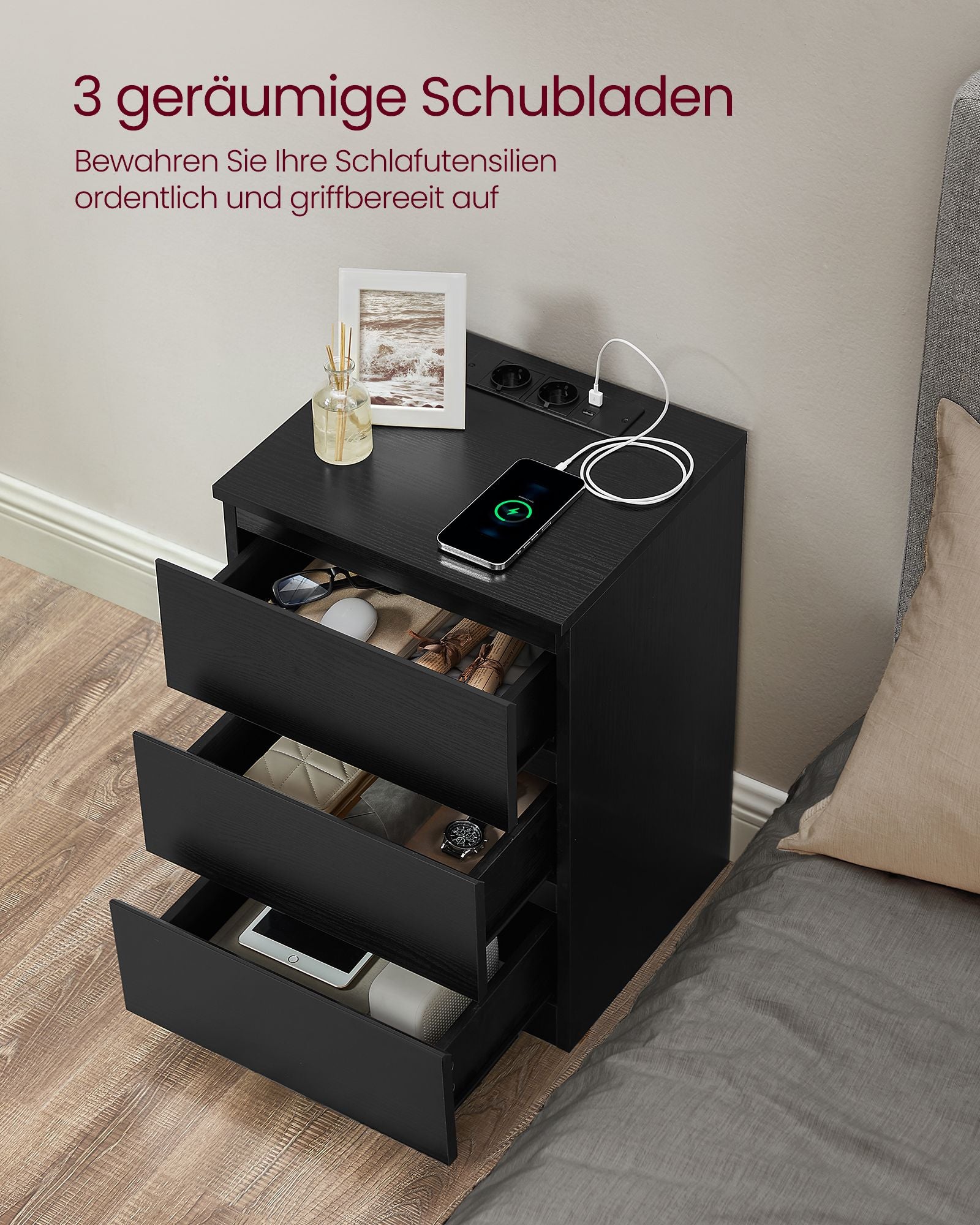 Side table - With 3 drawers - Modern - Ebony black