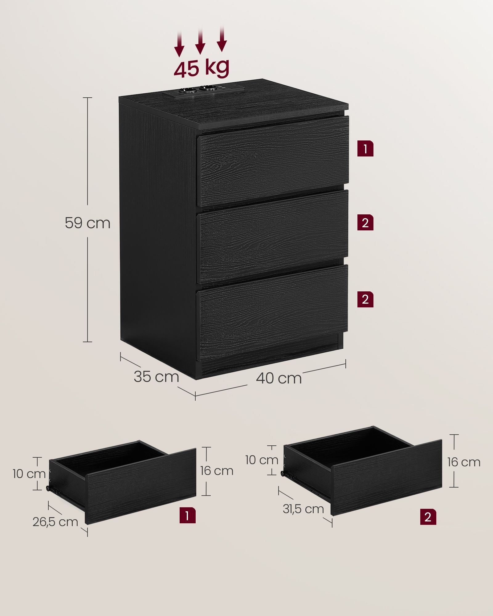 Side table - With 3 drawers - Modern - Ebony black