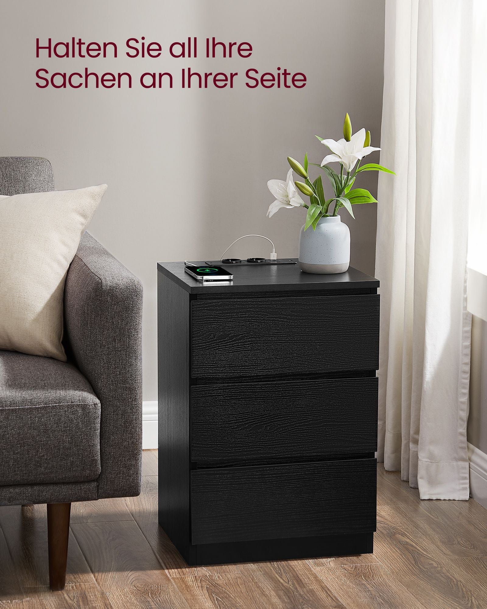 Side table - With 3 drawers - Modern - Ebony black