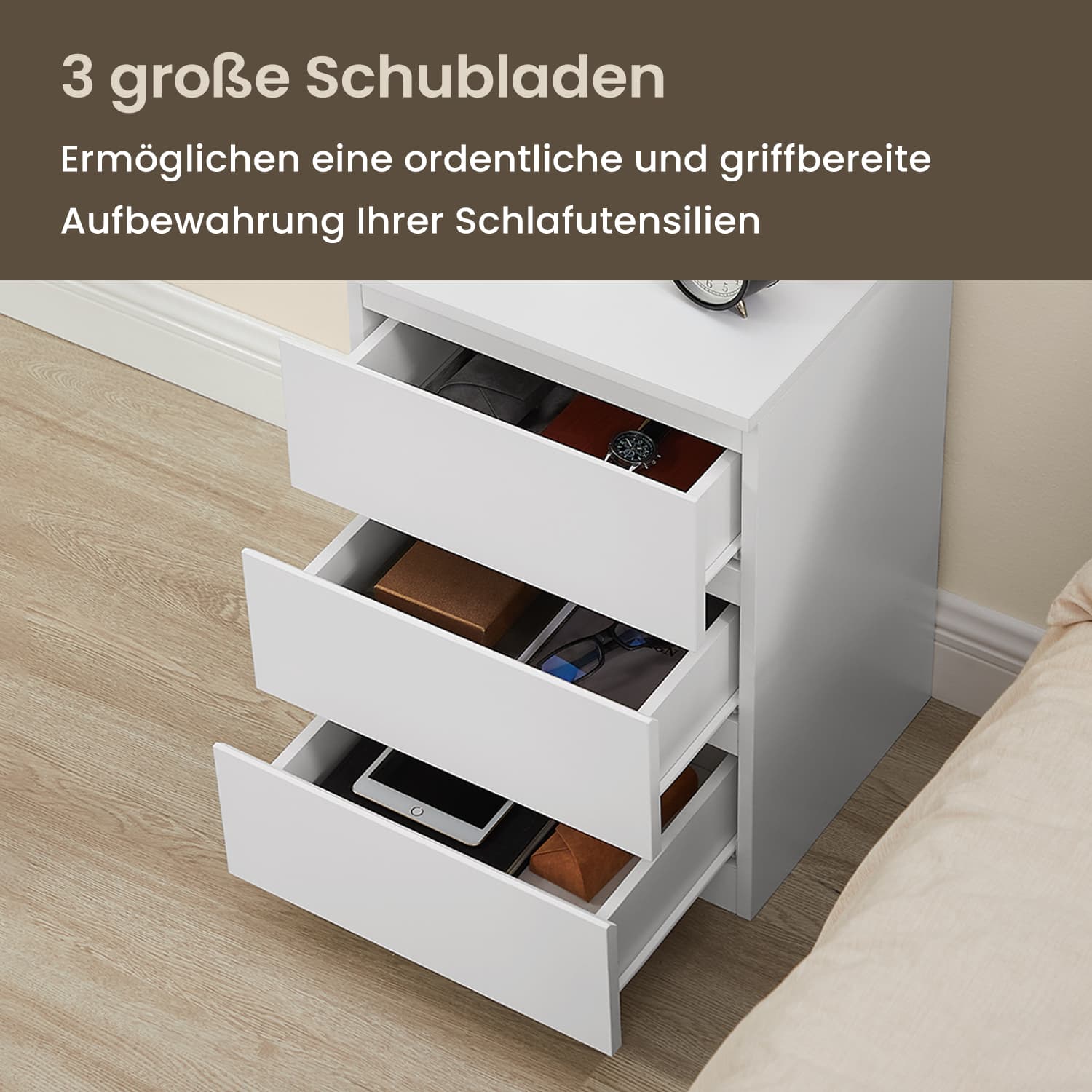 Side table - with 2 sockets, Wolkwit, ideal for bedroom