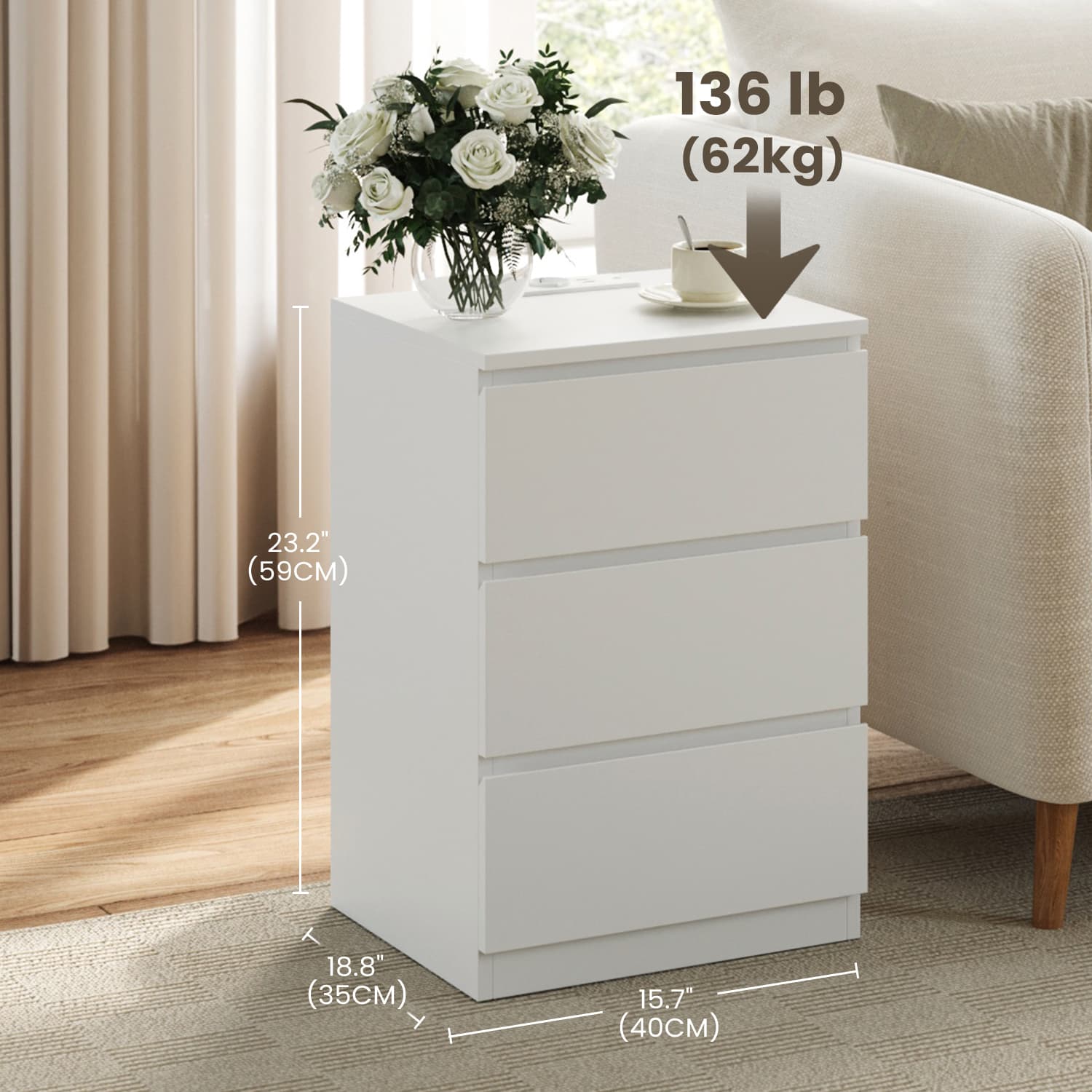 Side table - with 2 sockets, Wolkwit, ideal for bedroom
