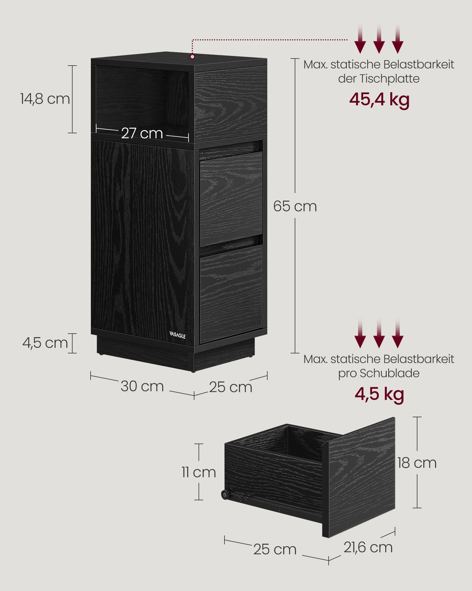 Narrow bedside table set of 2 with drawers in ebony black