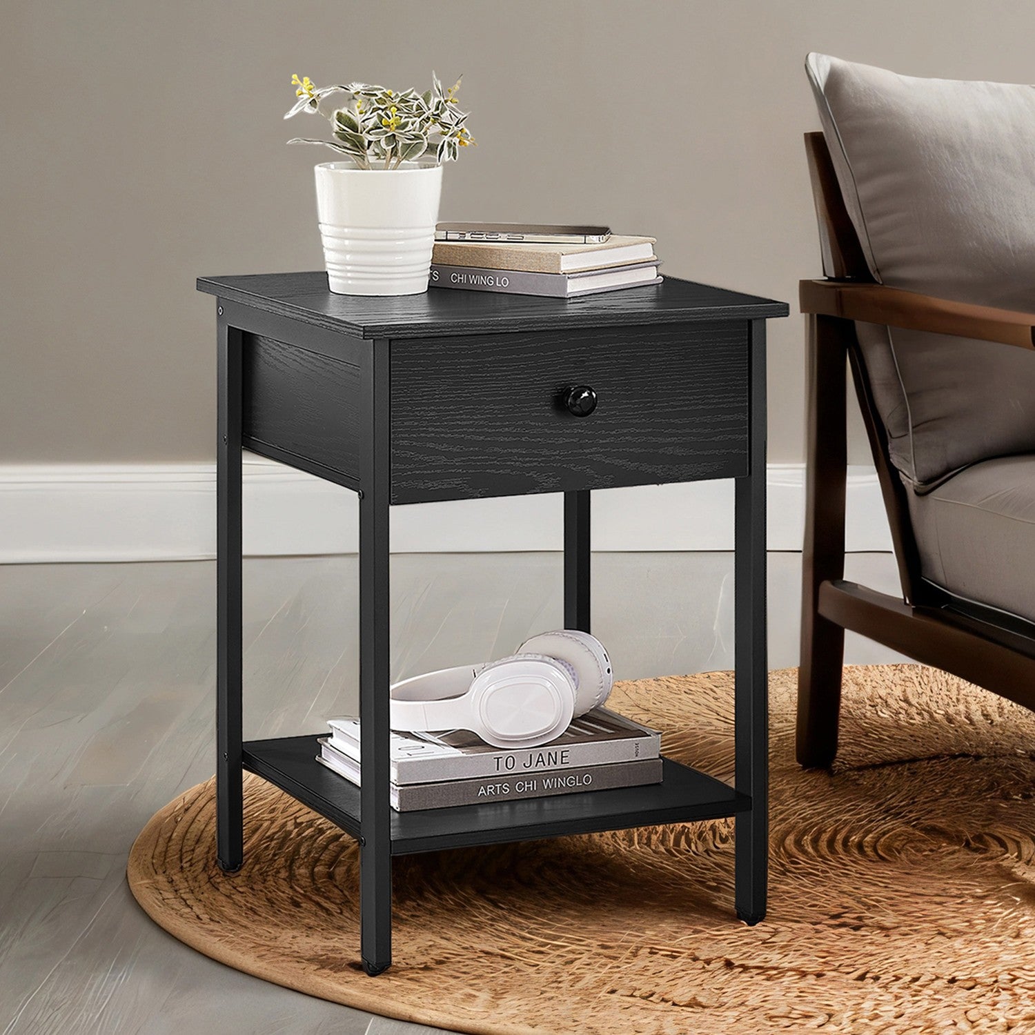Side table - With drawer and board - Ebony black