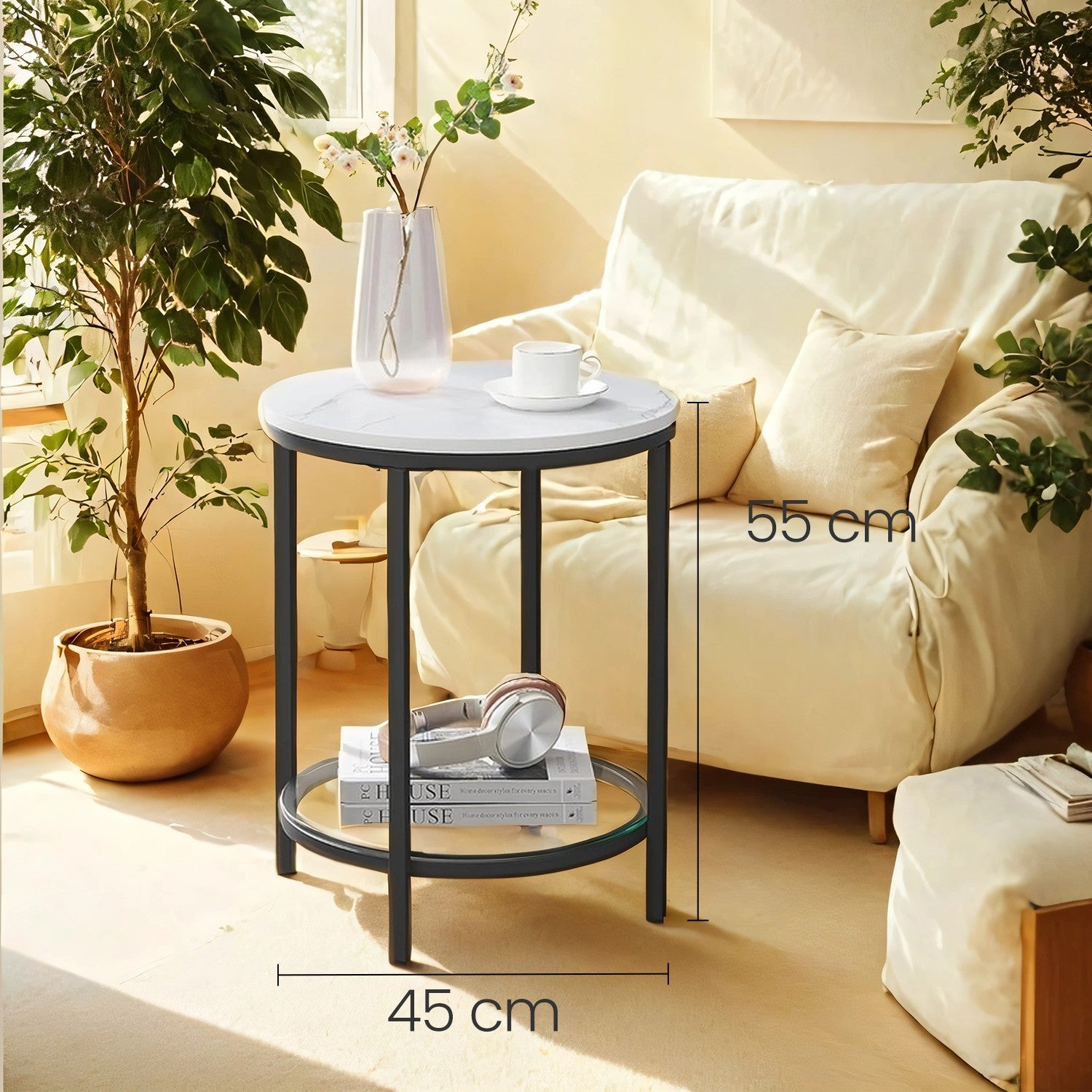 Side table - 2 levels - Marmer look white - Black frame