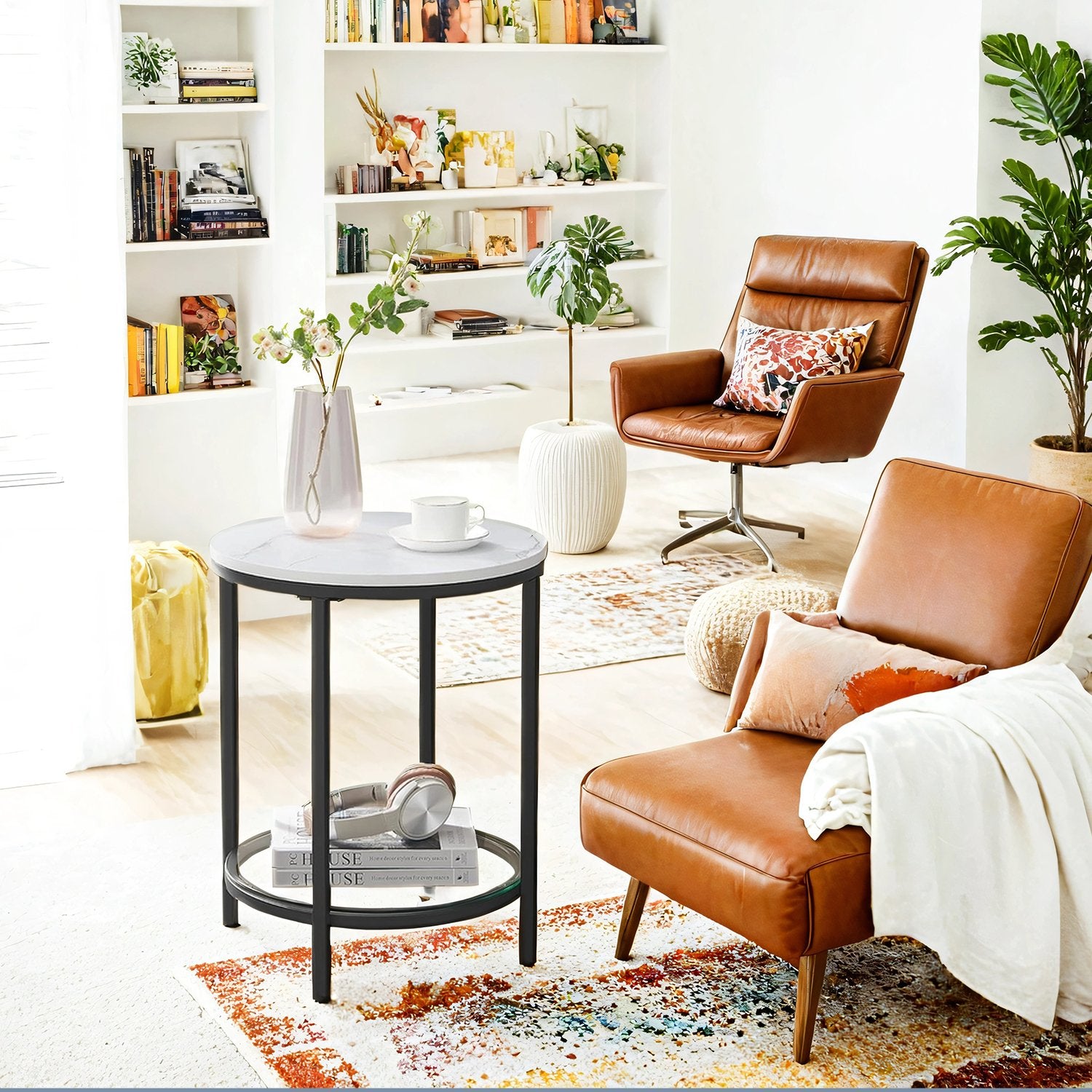 Side table - 2 levels - Marmer look white - Black frame
