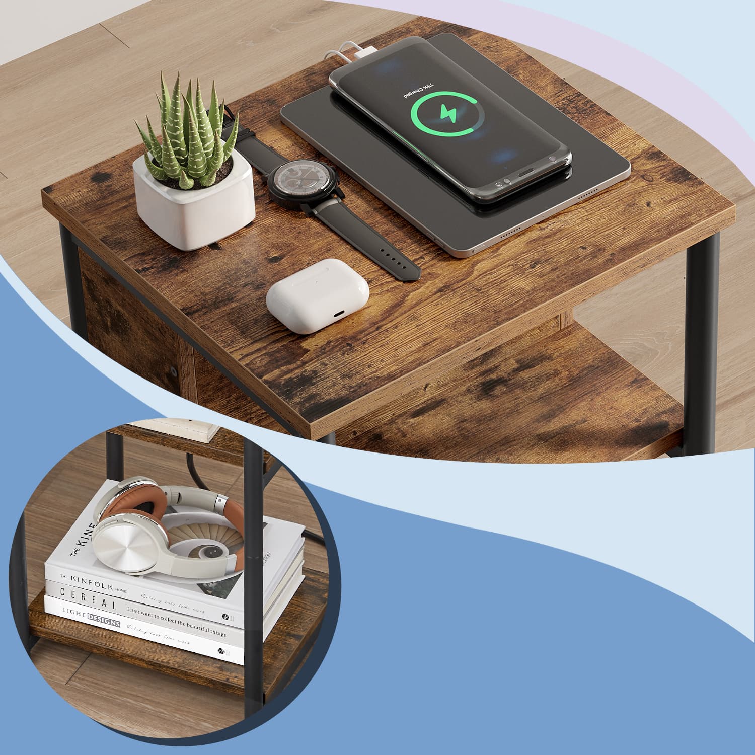Side table, small bedside table with socket, narrow