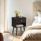 Bedside table, side table with drawer and open shelf, wooden legs