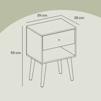 Bedside table, side table with drawer and open shelf, wooden legs