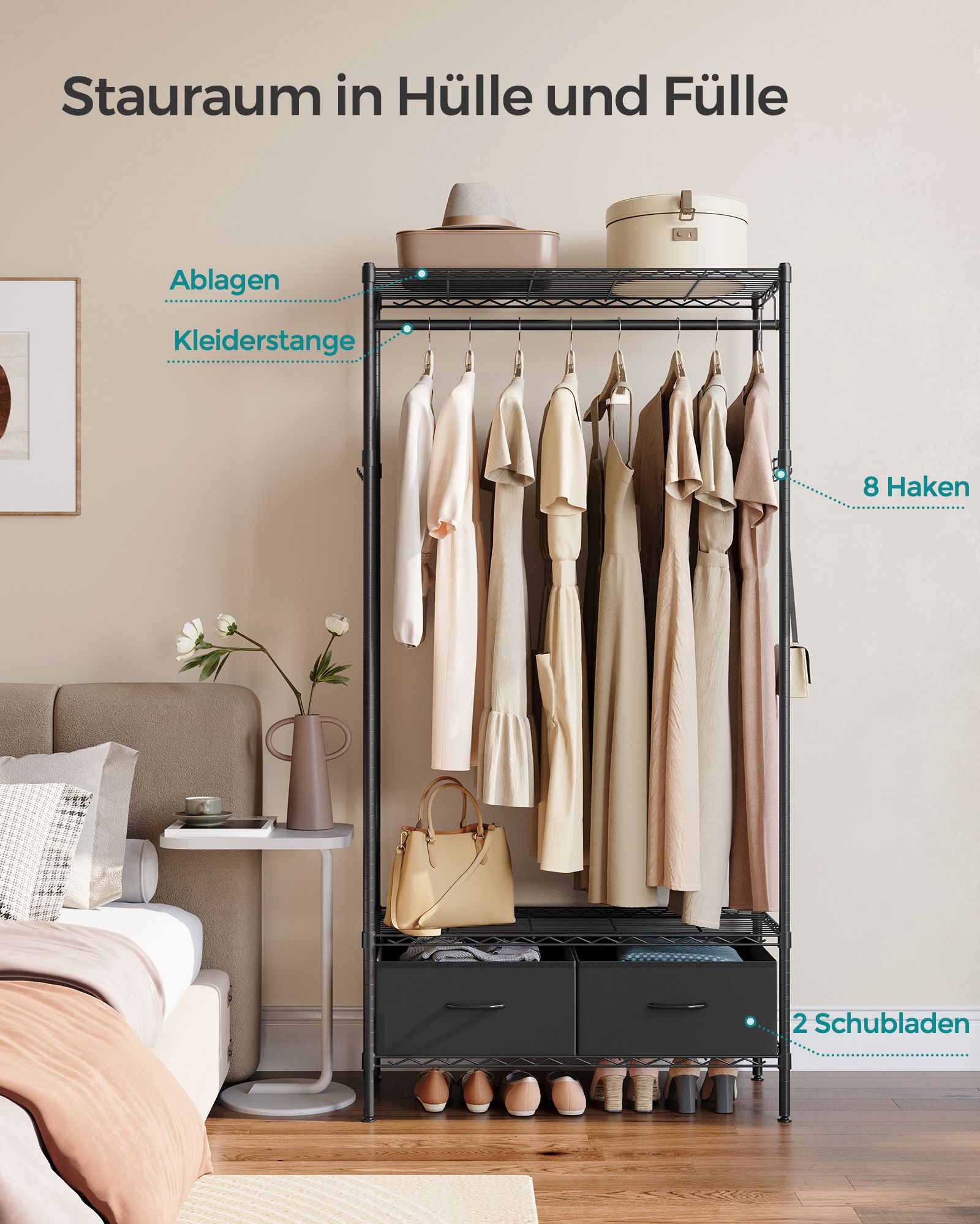 Clothing rack with 2 drawers ink -black