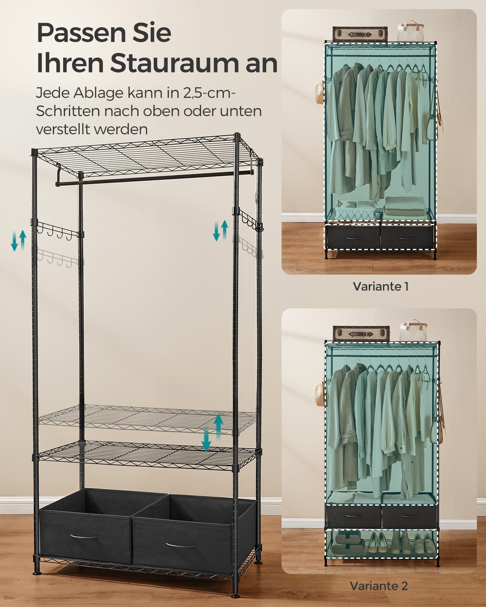 Clothing rack with 2 drawers ink -black